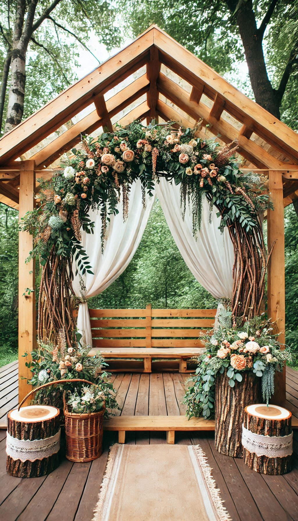 Rustic Wedding Decor: Say your vows under a wooden arch adorned with lush greenery and blooms. A rustic wedding decor idea that’s pure romance!