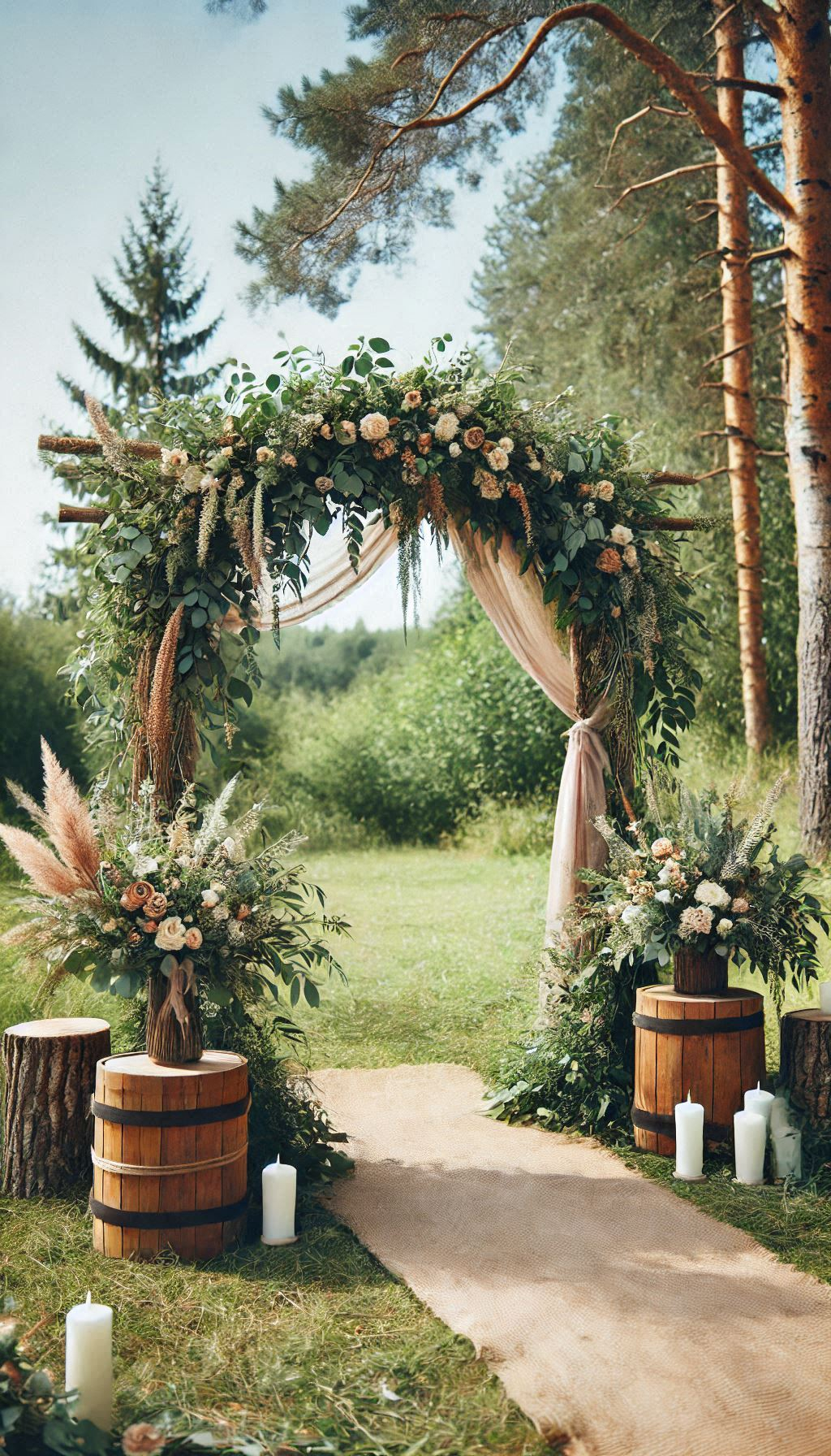 Transform your ceremony with a wooden arch decorated with greenery and flowers. Rustic elegance that makes your wedding unforgettable.