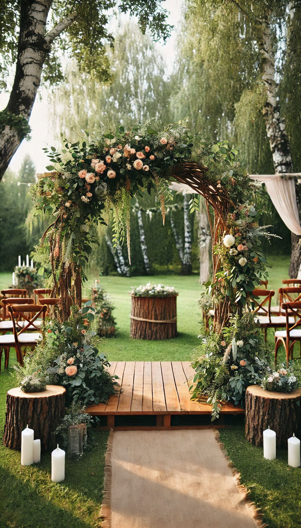 A wooden arch with greenery and flowers brings natural beauty to your rustic wedding. It’s the perfect romantic backdrop for your 'I dos.
