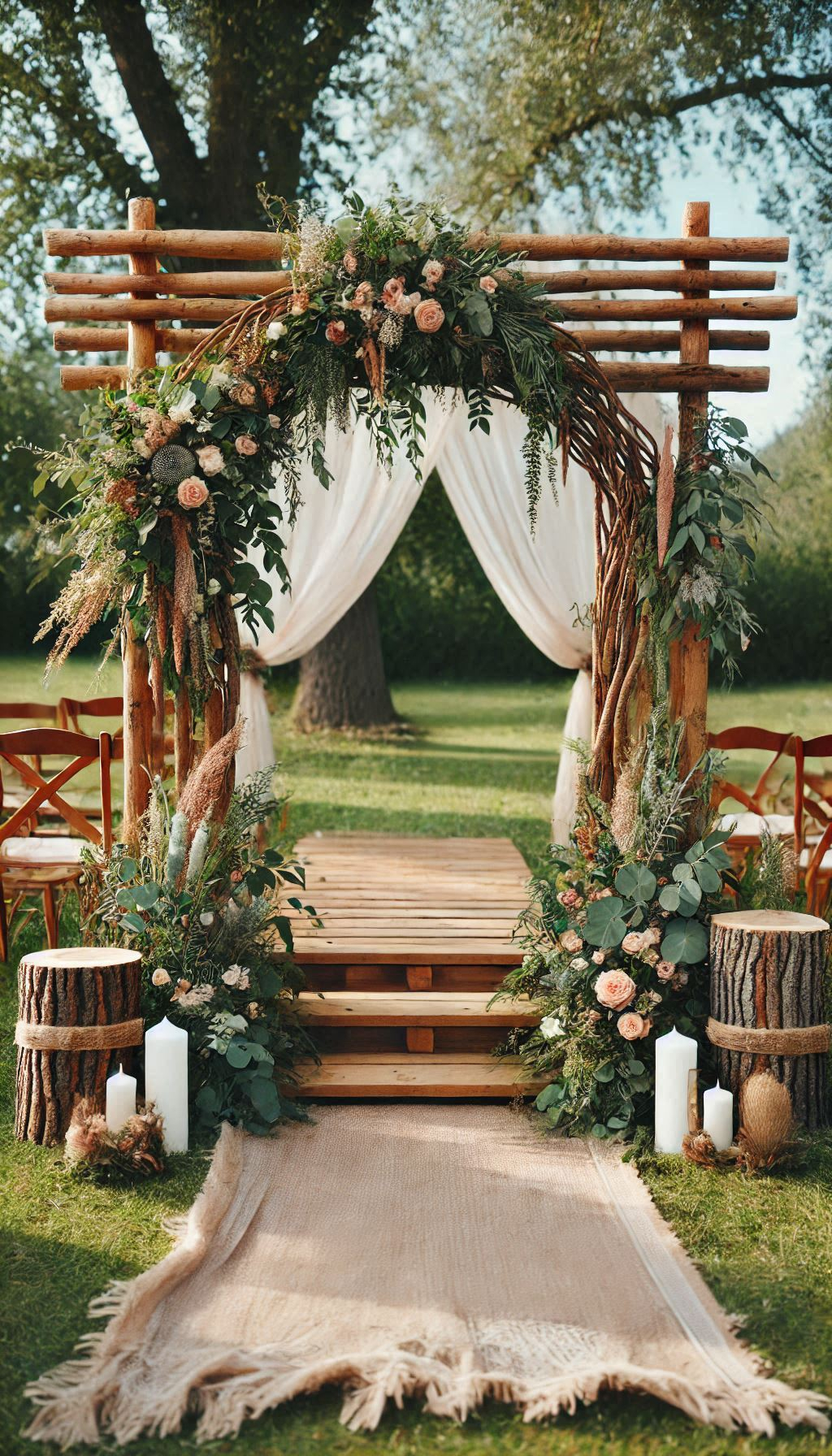 Make your ceremony unforgettable with a wooden arch covered in greenery and flowers. Rustic decor that’s as enchanting as your love story.