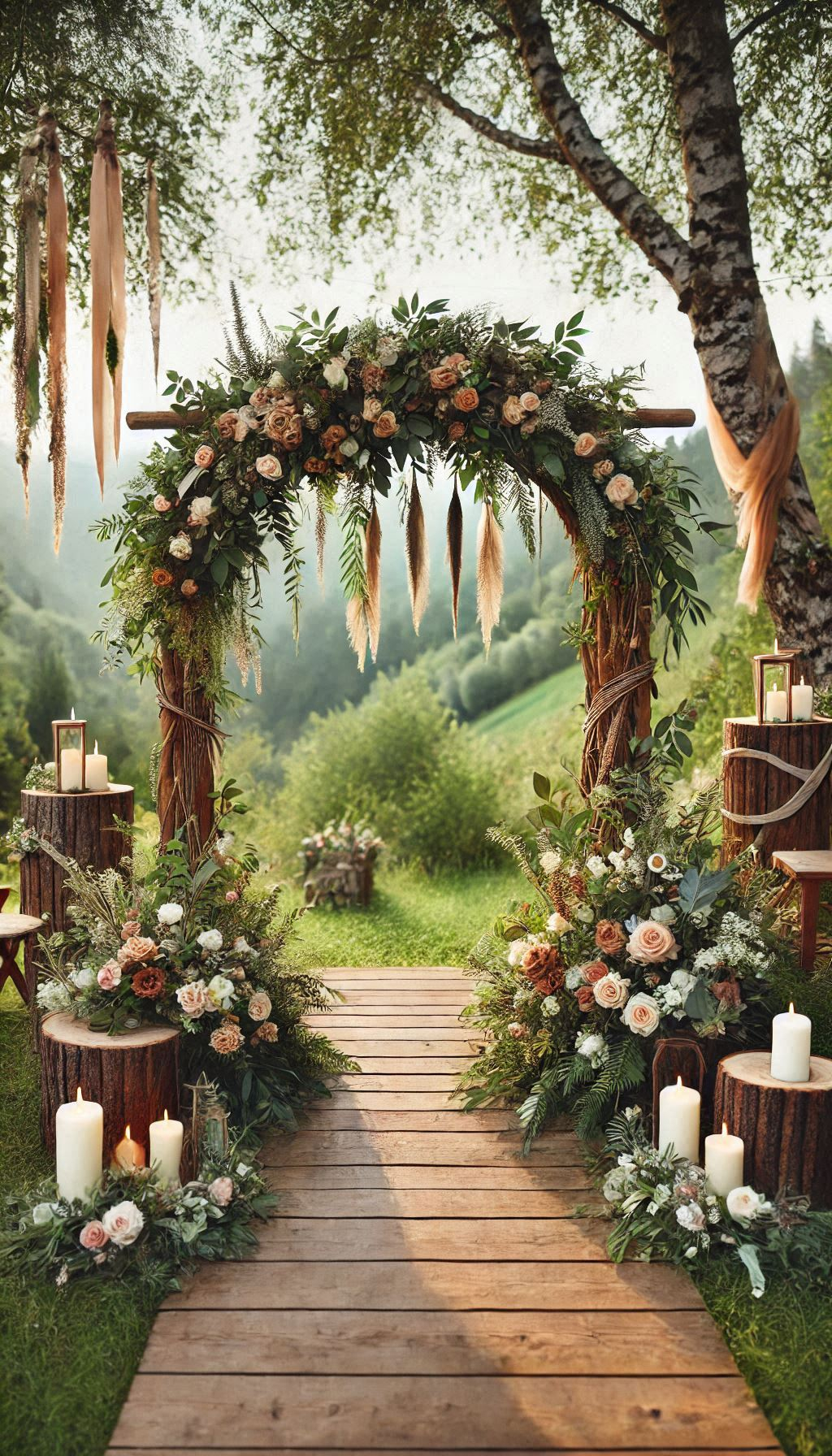 Add a touch of rustic elegance to your wedding with a wooden arch adorned with greenery and blooms. It’s the perfect natural accent!