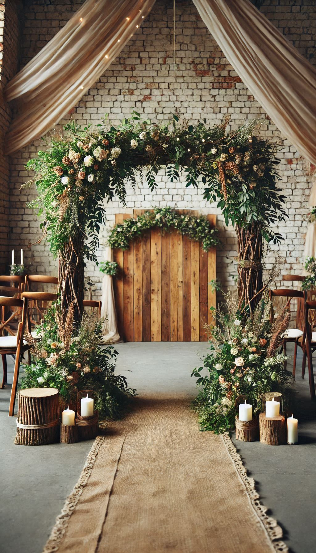 Rustic Wedding Decor: Set the scene for your vows with a wooden arch draped in greenery and flowers. Rustic, romantic, and simply stunning!