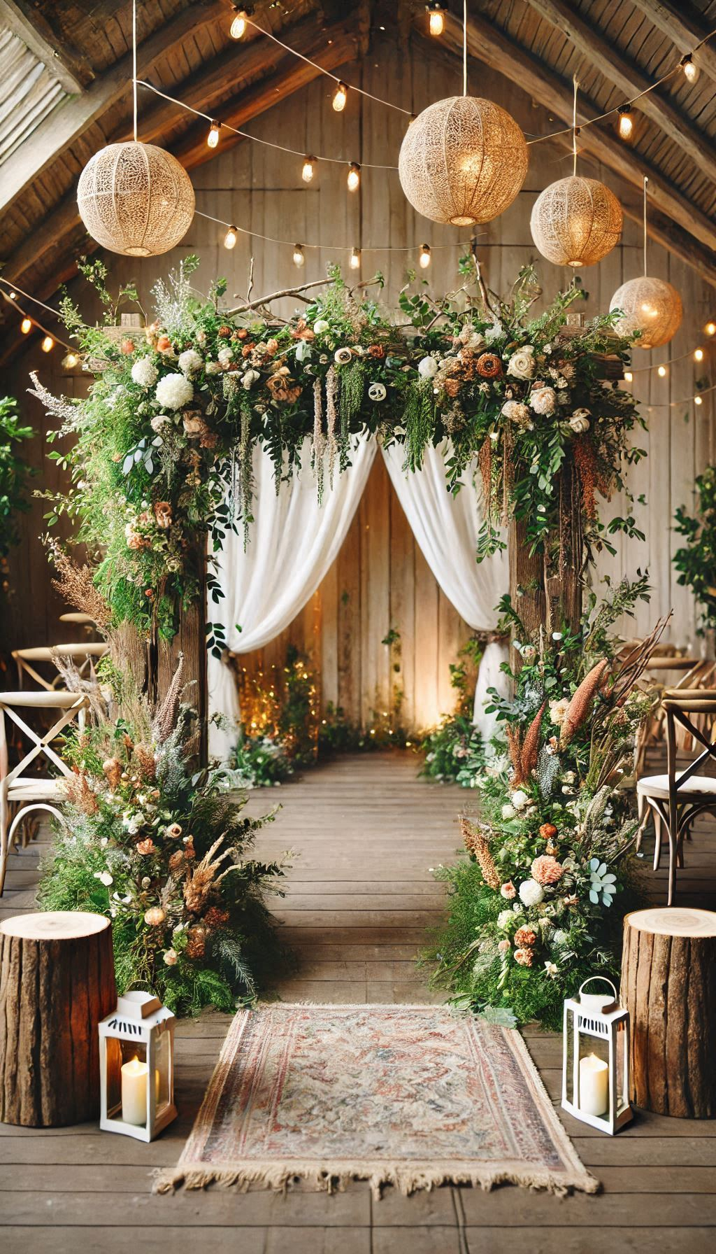 Enhance your rustic wedding decor with a wooden arch covered in greenery and blooms. A beautiful, natural backdrop for your special day.