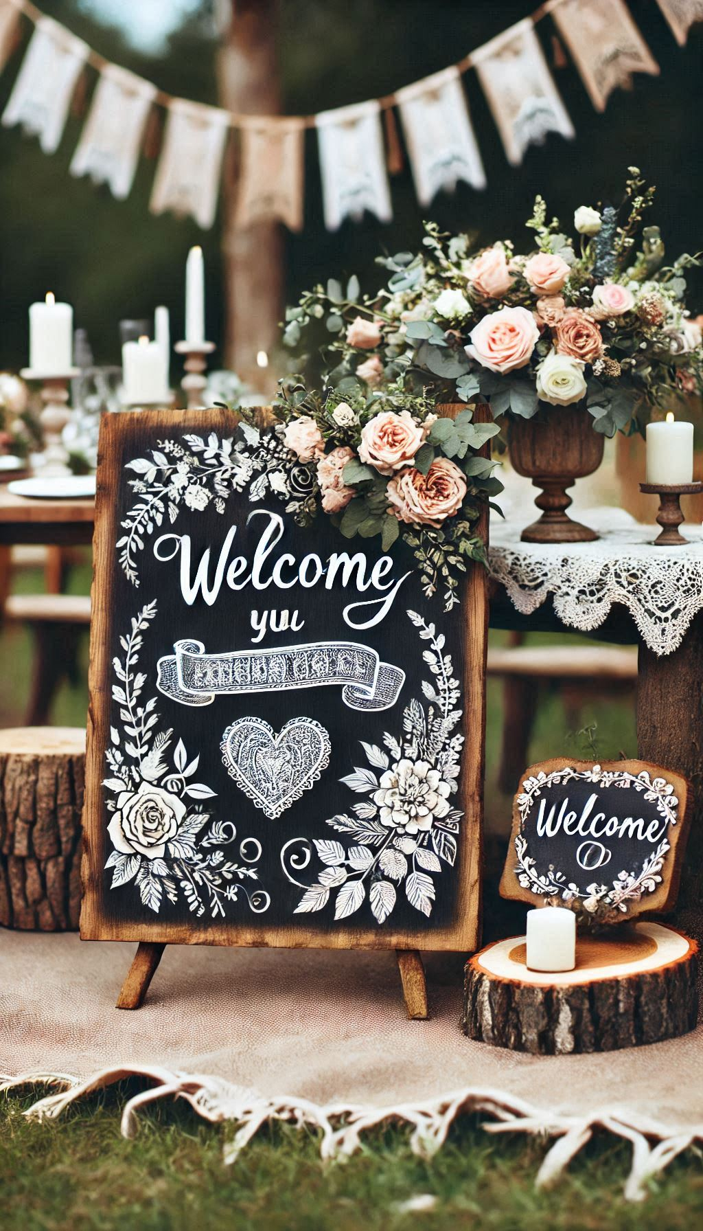 Greet your guests with charming wooden or chalkboard welcome signs. Rustic elegance that sets the perfect tone for your special day!