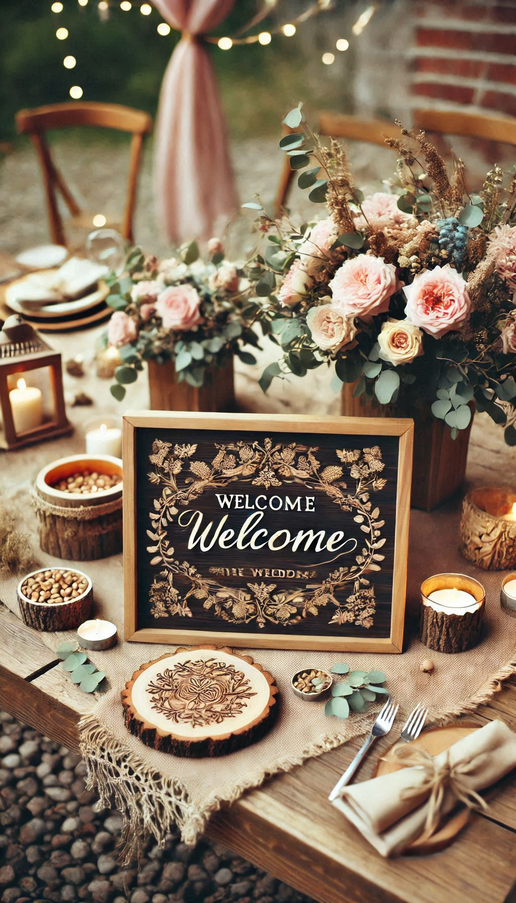 Wooden and chalkboard welcome signs add a touch of rustic charm to your wedding. It’s a warm, inviting way to say 'hello' to your guests!