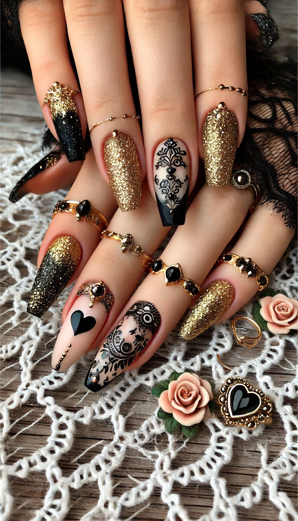 Mesmerizing Glitter Nail Art Ideas to Turn Heads | Pocoko Make a statement with black and golden glitter nails. A touch of sparkle and a dash of drama for your fingertips.