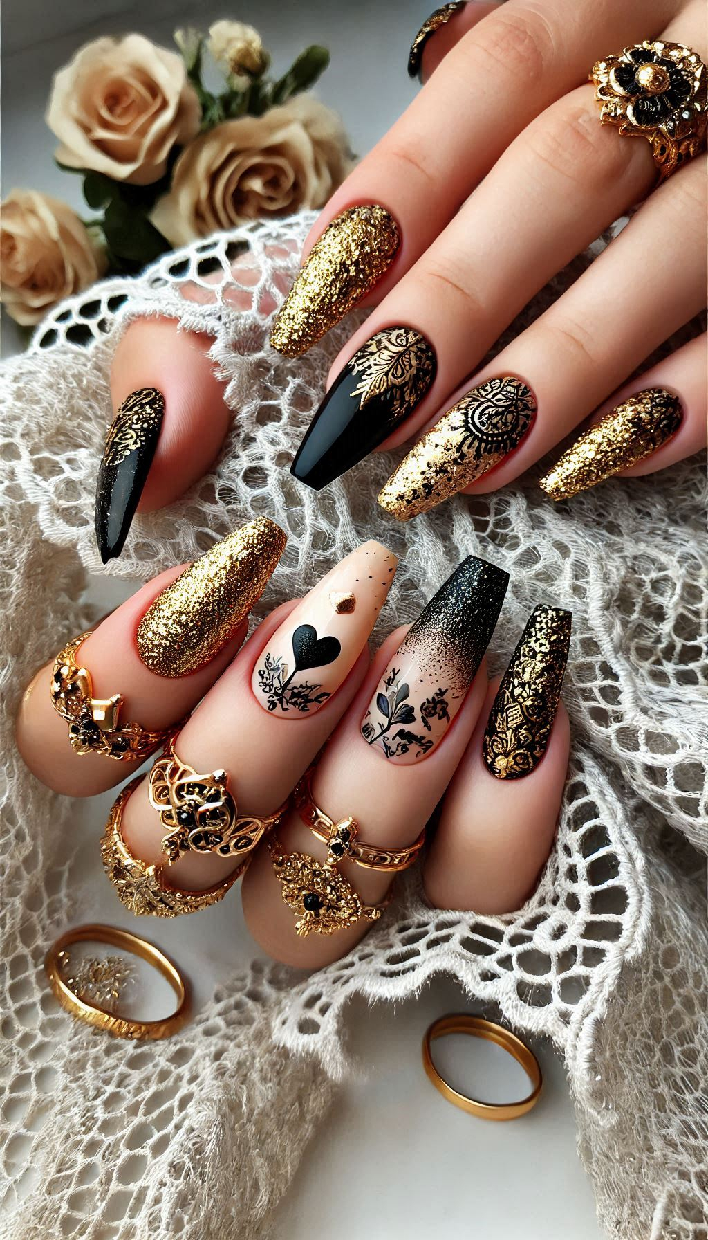 Mesmerizing Glitter Nail Art Ideas to Turn Heads | Pocoko Black and golden glitter nails add a touch of luxury to your look. Perfect for making a glamorous statement!
