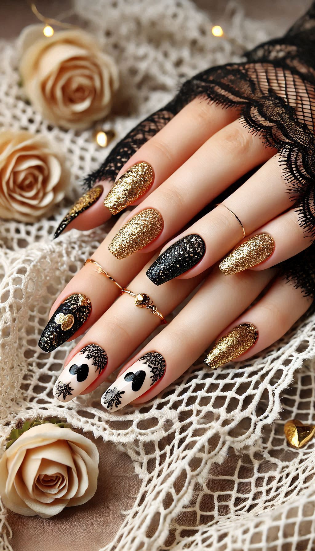 Mesmerizing Glitter Nail Art Ideas to Turn Heads | Pocoko Dazzle with black and golden glitter nails. Elegant, eye-catching, and perfect for any special occasion.