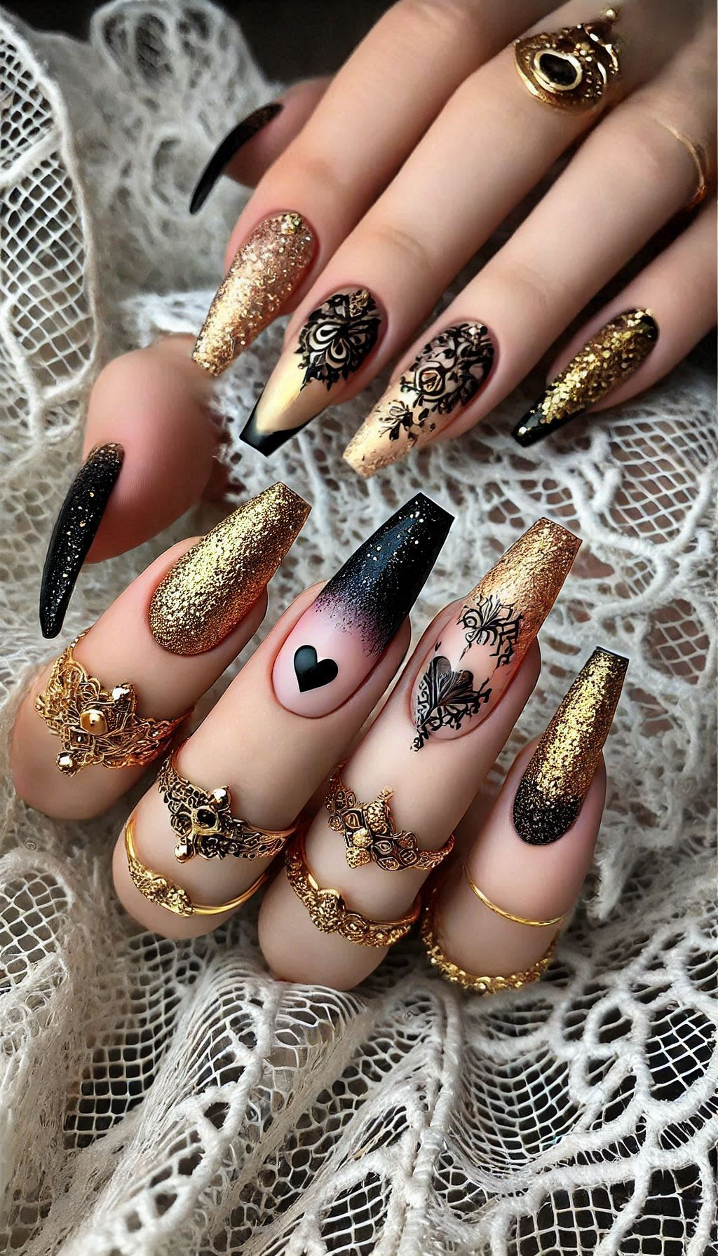 Mesmerizing Glitter Nail Art Ideas to Turn Heads | Pocoko Sparkle like a star with black and golden glitter nails. A sophisticated and glamorous choice for your manicure!