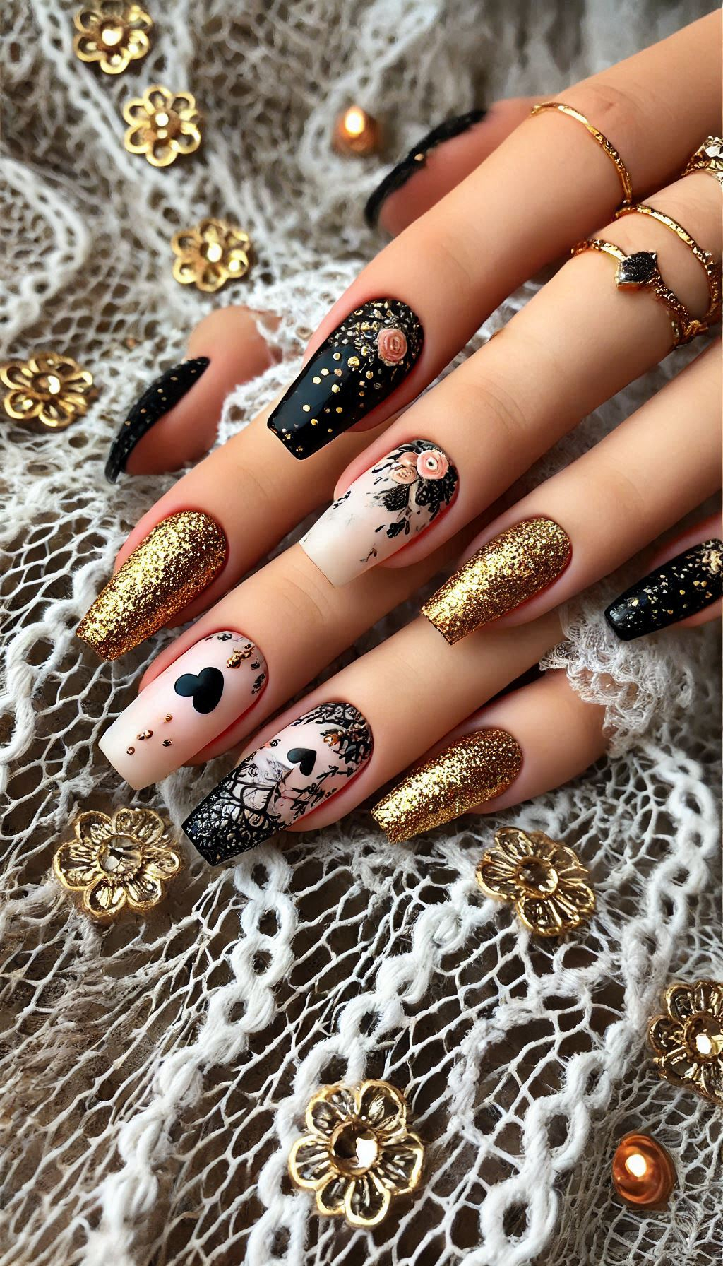 Mesmerizing Glitter Nail Art Ideas to Turn Heads | Pocoko Make your nails the center of attention with black and golden glitter. A bold and glamorous choice!