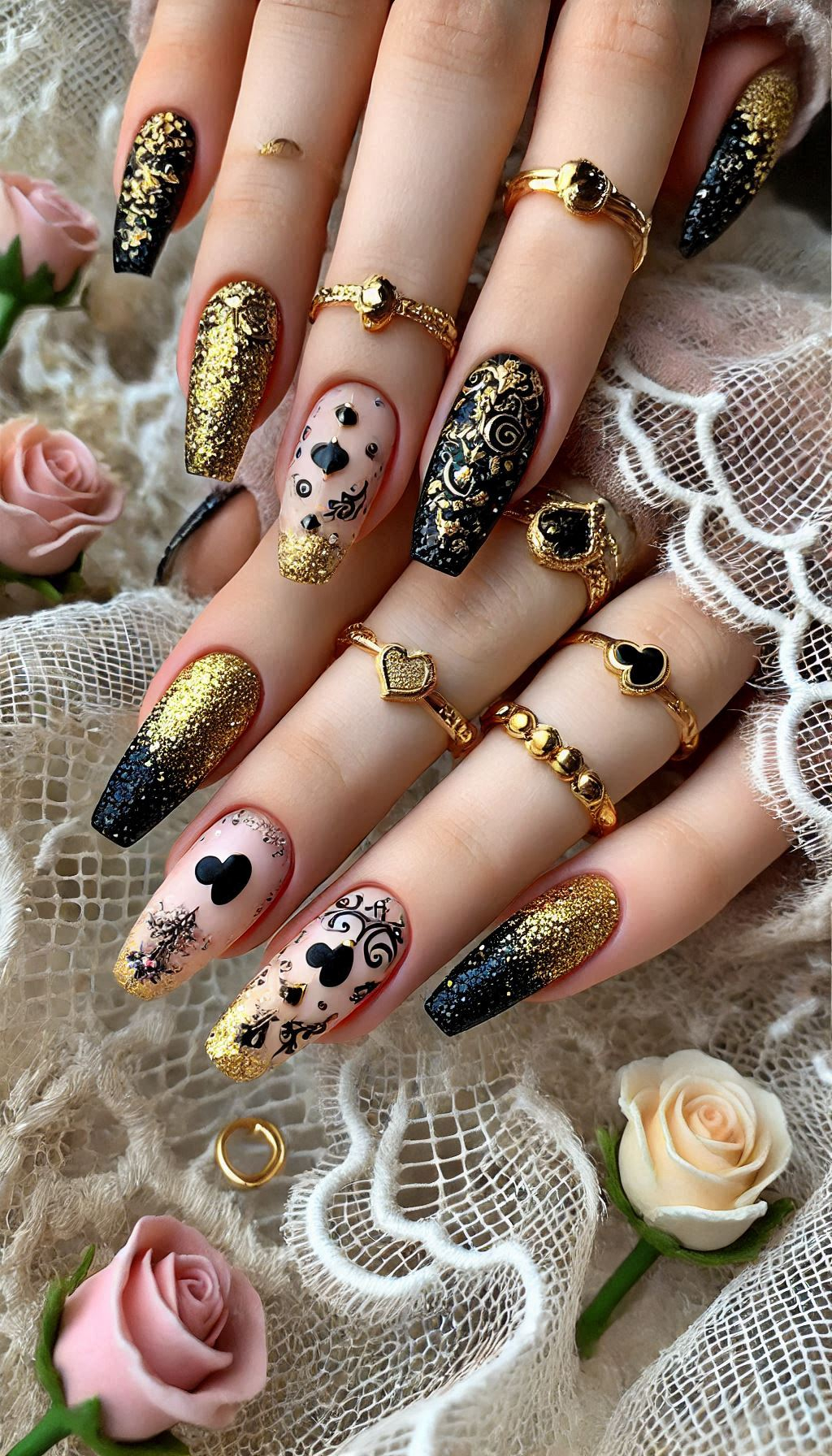 Mesmerizing Glitter Nail Art Ideas to Turn Heads | Pocoko Get your nails ready for a night out with black and golden glitter. Sophisticated, sparkling, and simply stunning!