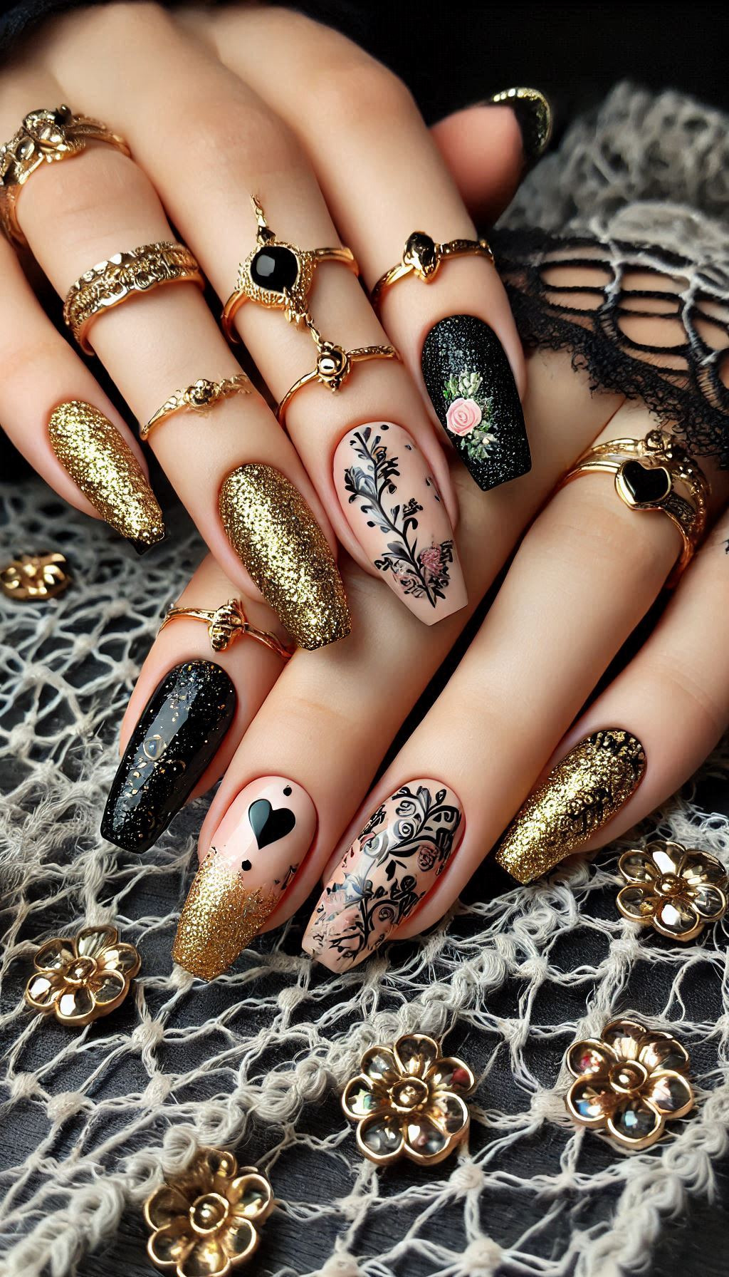Mesmerizing Glitter Nail Art Ideas to Turn Heads | Pocoko Make your nails shine with black and golden glitter. A chic and luxurious look that's sure to turn heads!