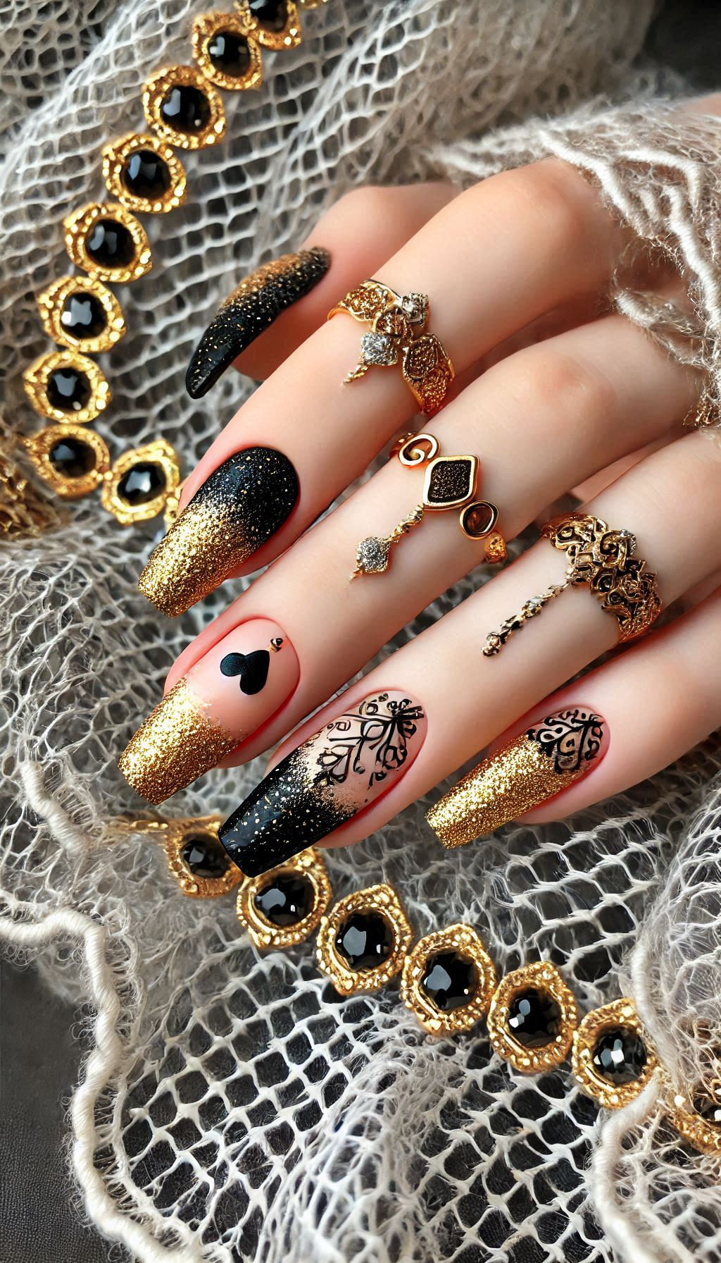 Mesmerizing Glitter Nail Art Ideas to Turn Heads | Pocoko Transform your nails with the sophisticated sparkle of black and golden glitter. A match made in manicure heaven!