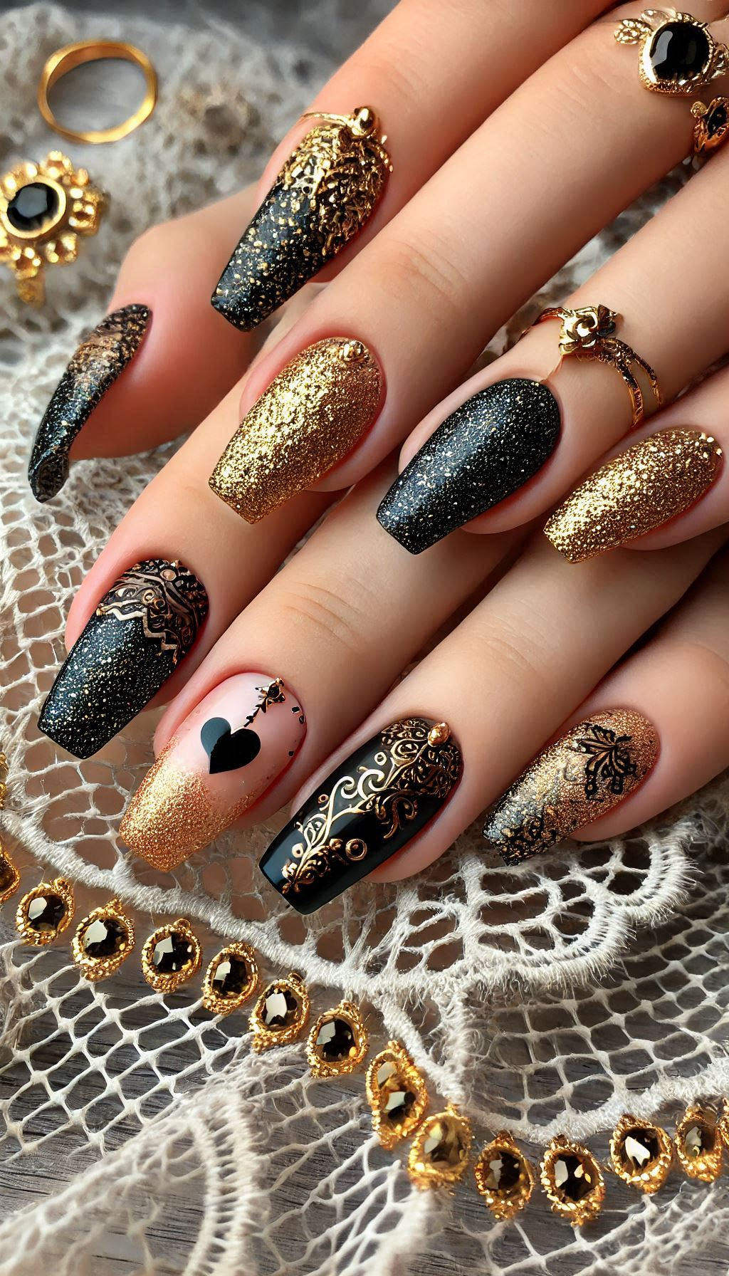 Mesmerizing Glitter Nail Art Ideas to Turn Heads | Pocoko Black and golden glitter nails are perfect for a chic, glamorous look. It’s all about that dazzling contrast!