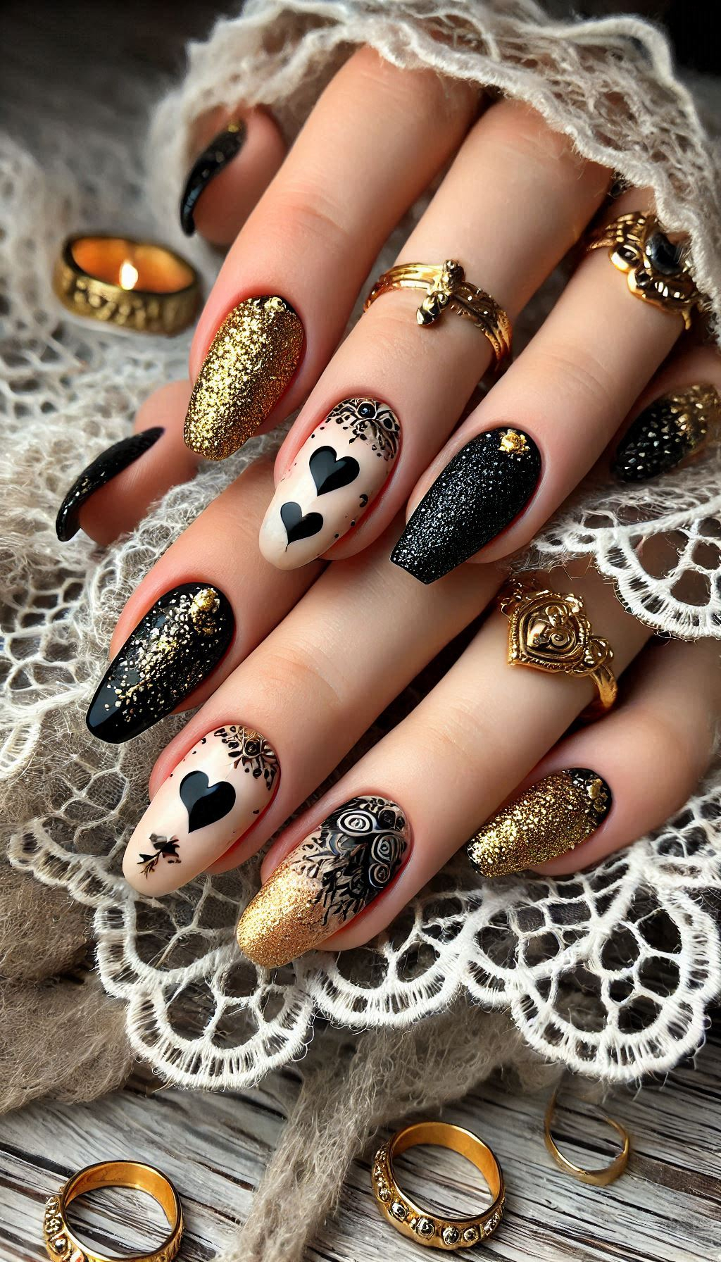 Mesmerizing Glitter Nail Art Ideas to Turn Heads | Pocoko Go bold with black and golden glitter nails. They’re the perfect mix of edgy and glamorous!