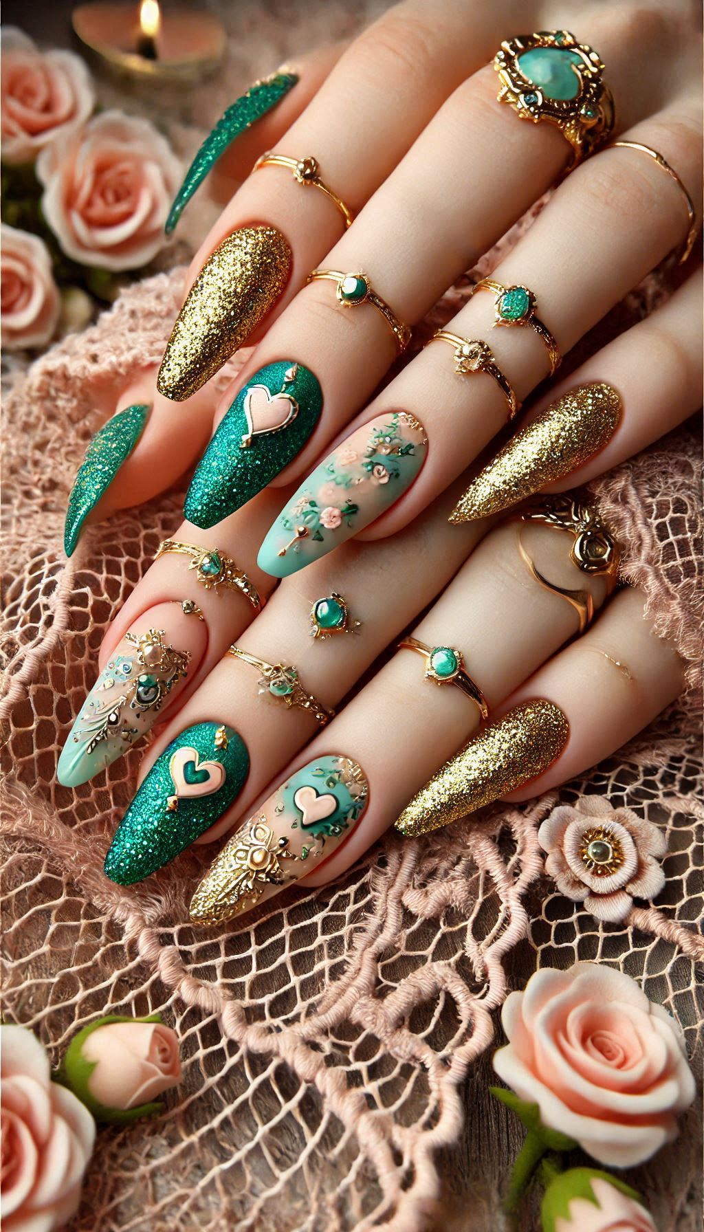 Mesmerizing Glitter Nail Art Ideas to Turn Heads | Pocoko Go green and gold for a stunning nail art look. These glittery nails are perfect for any occasion, adding a touch of glam to your style.