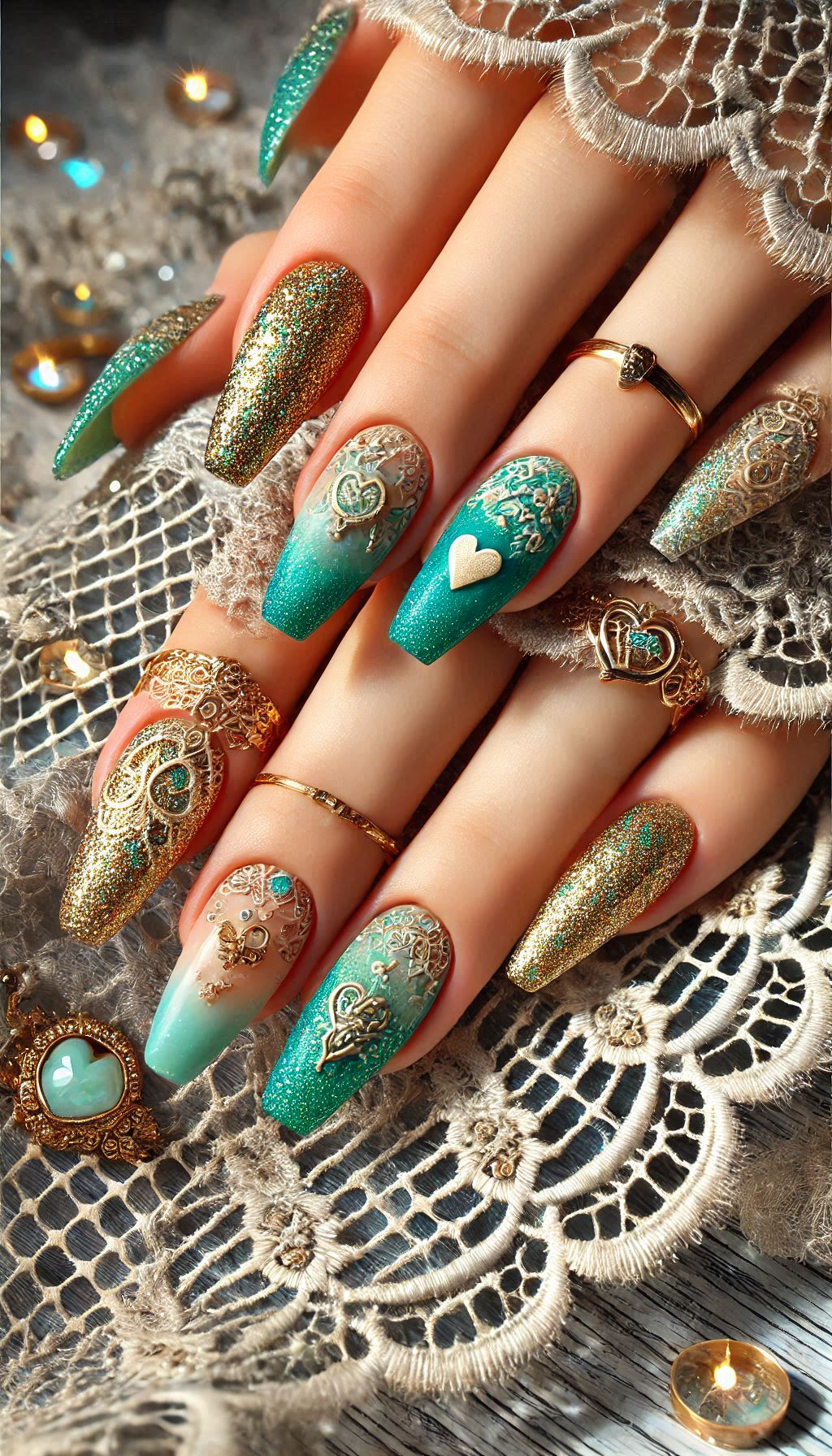 Mesmerizing Glitter Nail Art Ideas to Turn Heads | Pocoko Turn heads with green and golden glitter nail art. A chic and dazzling combination that’s sure to make your nails shine!