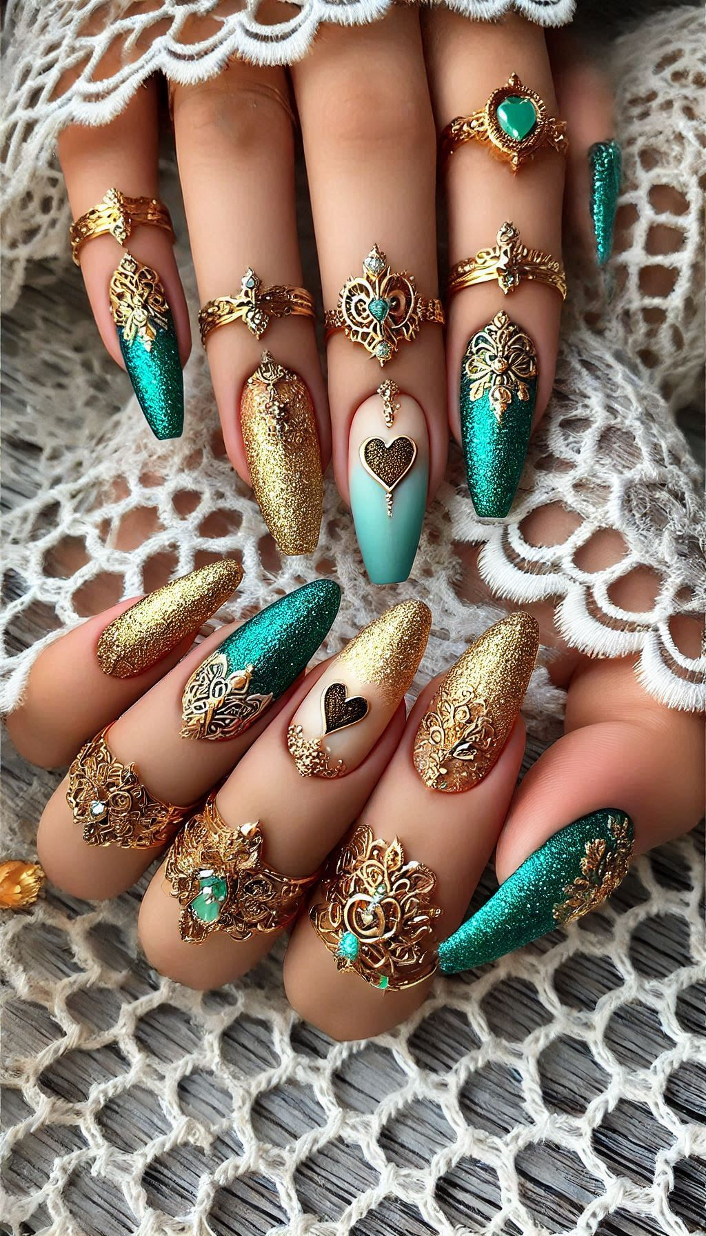 Mesmerizing Glitter Nail Art Ideas to Turn Heads | Pocoko Green and gold glitter nails: because sometimes, you just need to sparkle like royalty. Elegant, bold, and oh-so-gorgeous!