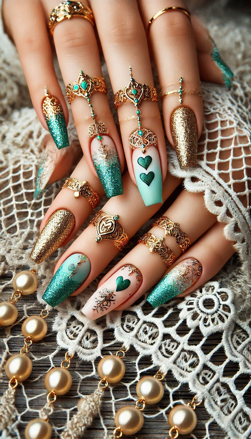 Mesmerizing Glitter Nail Art Ideas to Turn Heads | Pocoko Get ready to dazzle with green and golden glitter nails. Perfect for adding a bit of festive flair to your manicure!