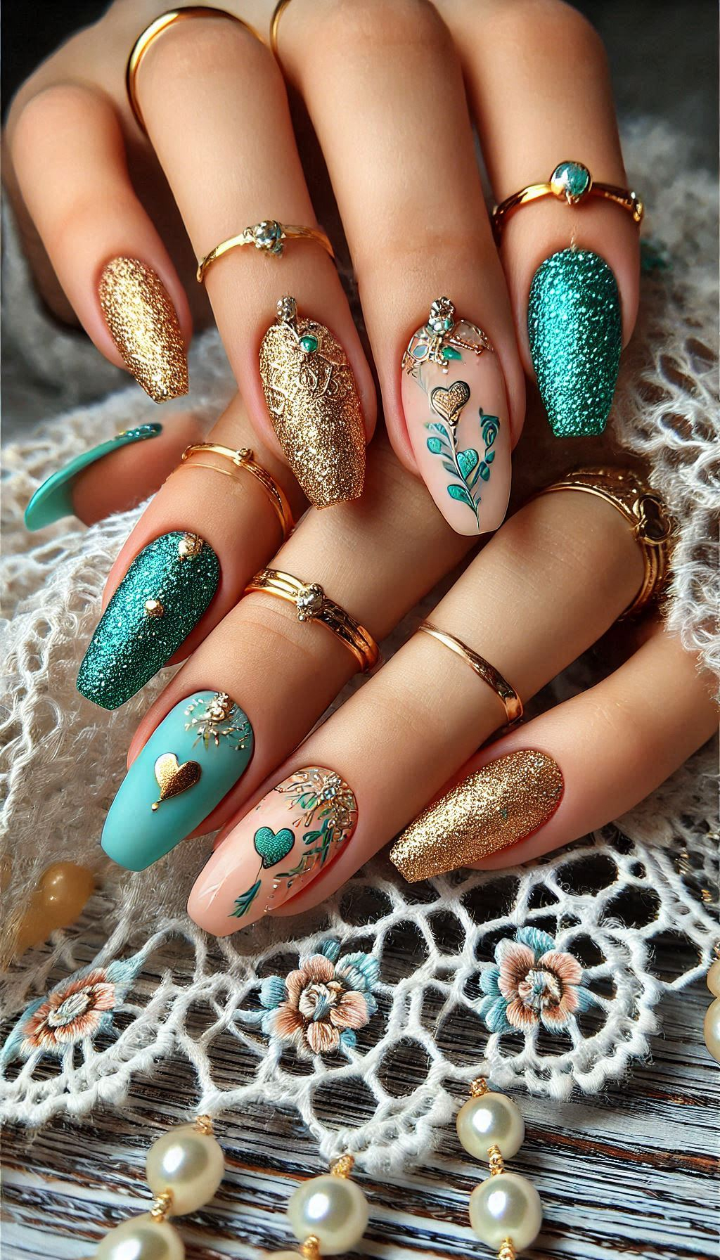 Mesmerizing Glitter Nail Art Ideas to Turn Heads | Pocoko Green and gold glitter nails are the ultimate in chic elegance. A perfect combination for a show-stopping look.