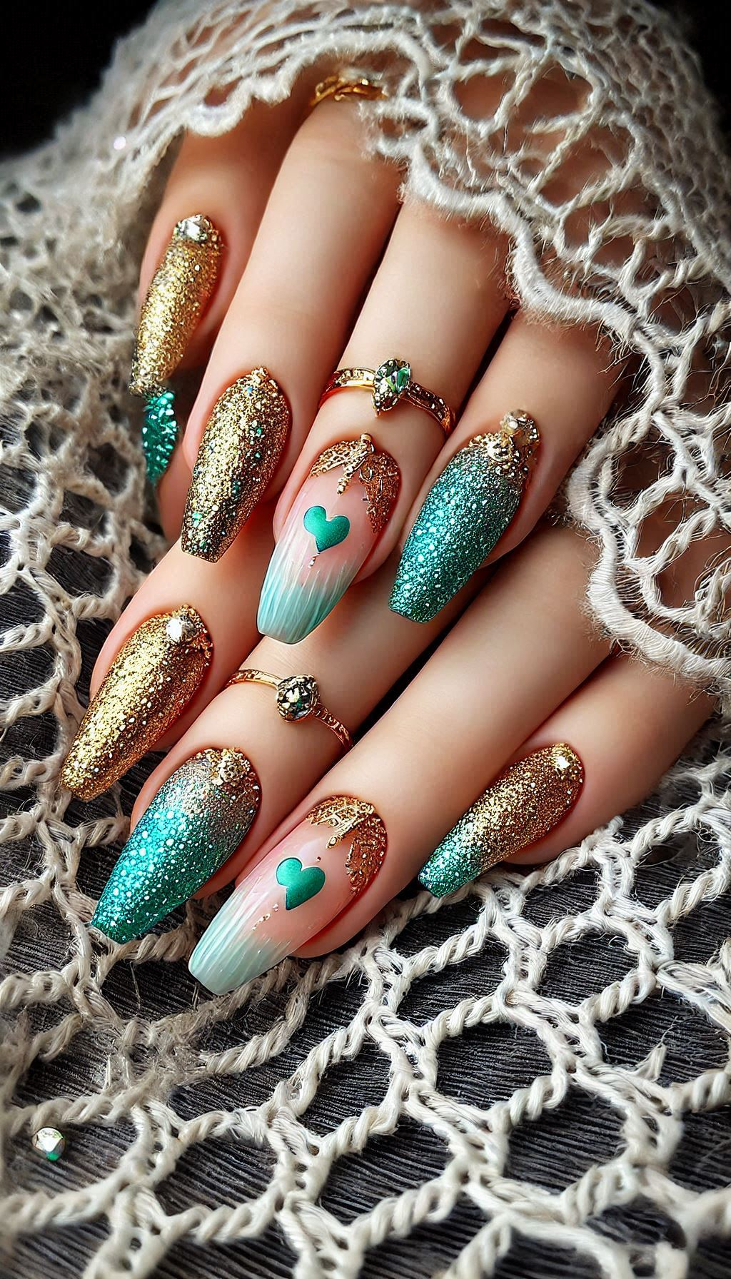 Mesmerizing Glitter Nail Art Ideas to Turn Heads | Pocoko Make your nails pop with green and golden glitter. A vibrant and glamorous choice that’s perfect for any event!