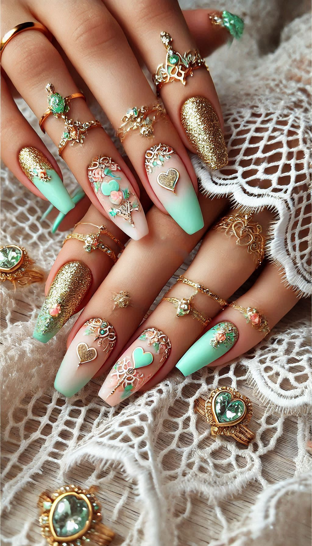 Mesmerizing Glitter Nail Art Ideas to Turn Heads | Pocoko Freshen up your nails with a mix of mint, light pink, and golden glitter. It's the perfect blend of sweet and sparkly!