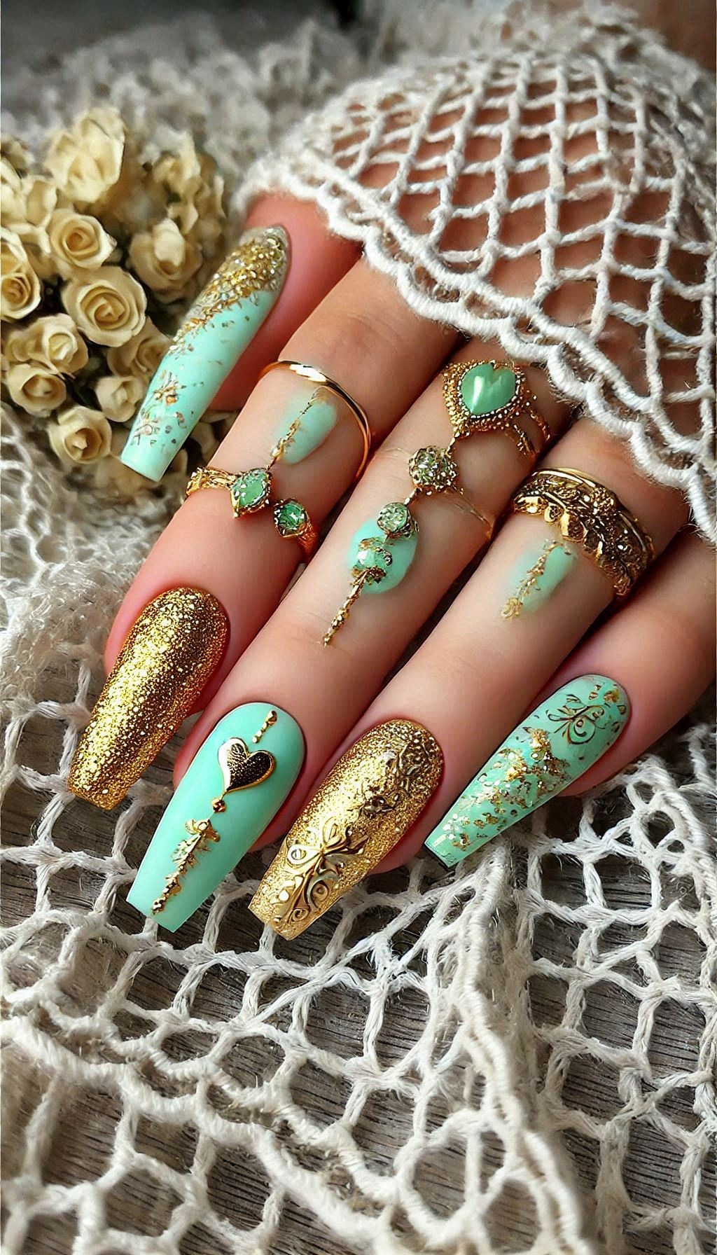 Mesmerizing Glitter Nail Art Ideas to Turn Heads | Pocoko Get ready to dazzle with mint, light pink, and golden glitter nails. A chic and playful look for any occasion!