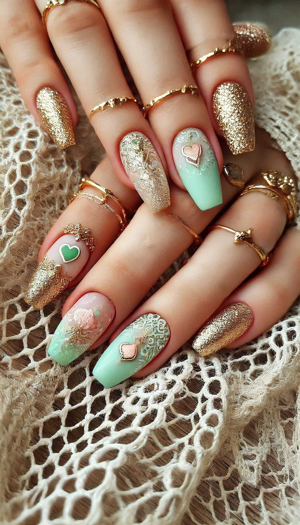 Mesmerizing Glitter Nail Art Ideas to Turn Heads | Pocoko Mint, light pink, and golden glitter nails are a match made in nail art heaven. Elegant, fresh, and full of sparkle!
