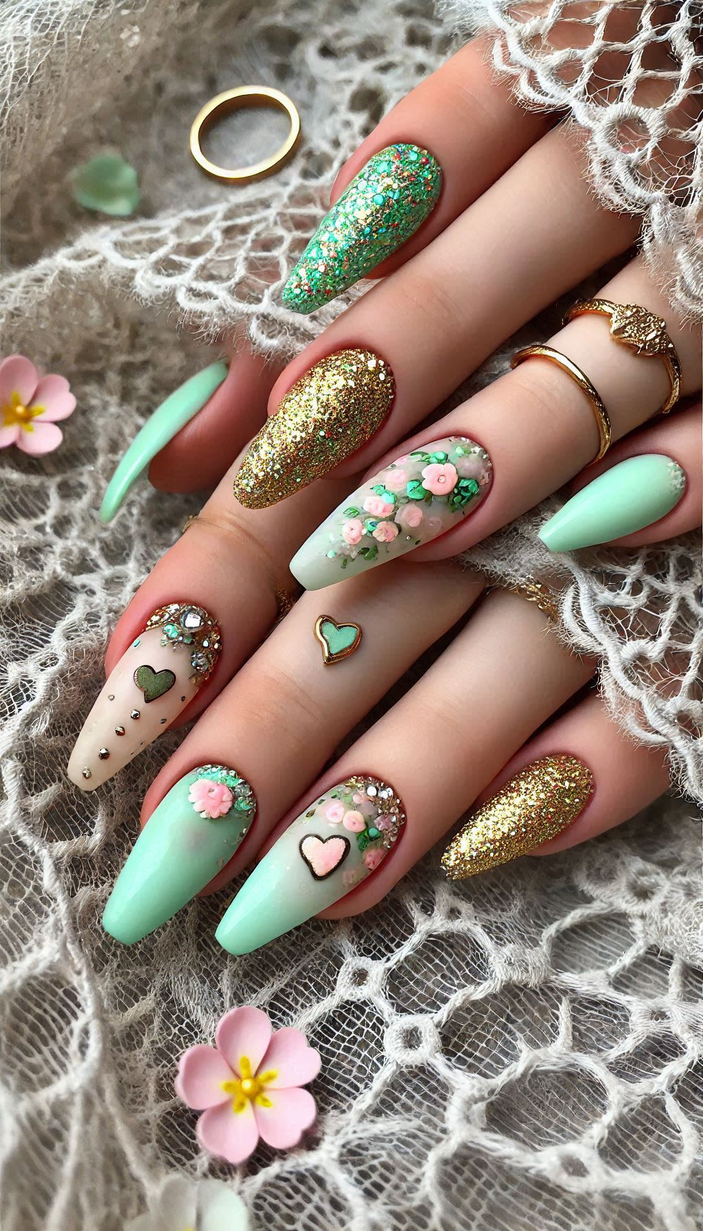 Mesmerizing Glitter Nail Art Ideas to Turn Heads | Pocoko Create a stunning manicure with mint, light pink, and golden glitter. This combo is perfect for a sweet and sophisticated look!