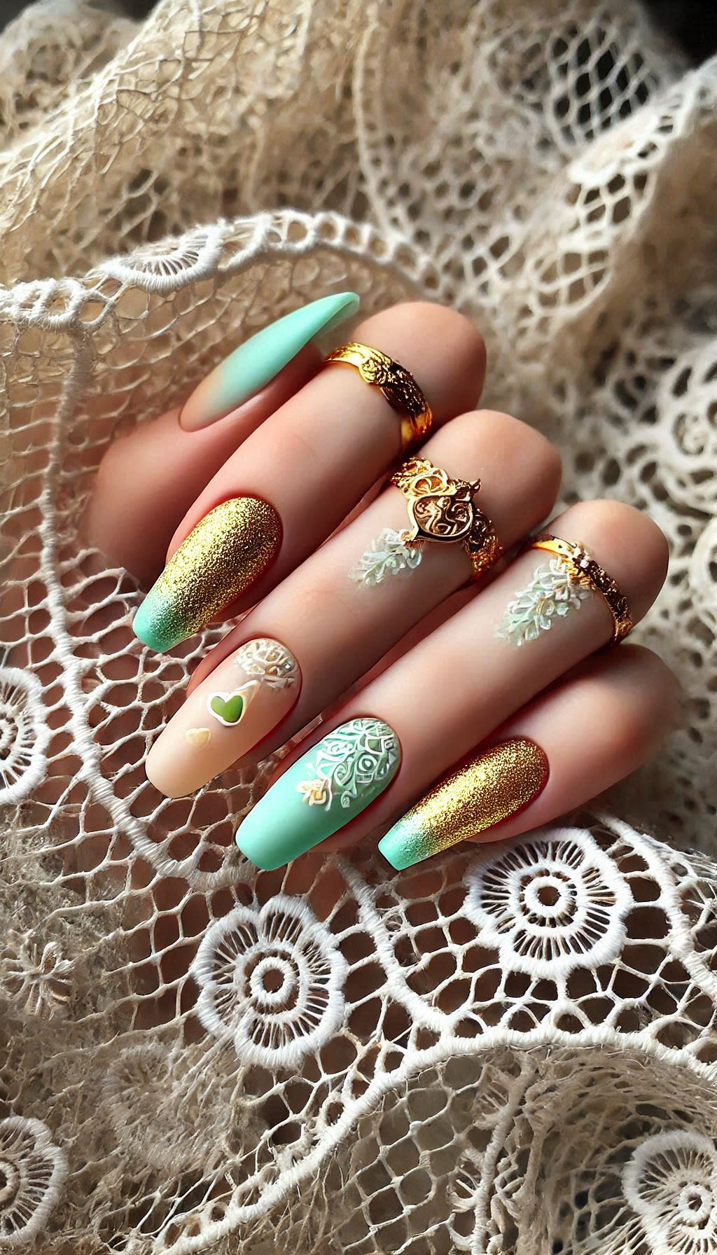 Mesmerizing Glitter Nail Art Ideas to Turn Heads | Pocoko Add a pop of color to your nails with mint, light pink, and golden glitter. A playful and glamorous combination!