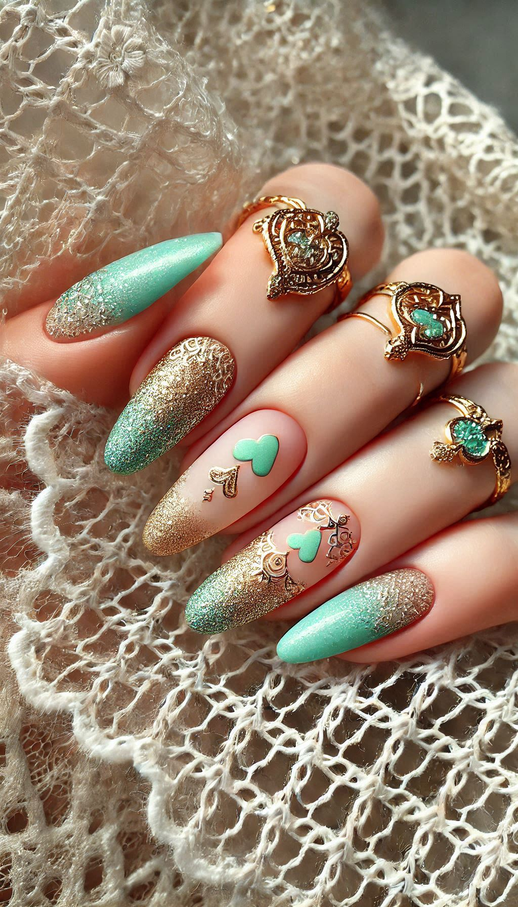 Mesmerizing Glitter Nail Art Ideas to Turn Heads | Pocoko Freshen up your style with mint, light pink, and golden glitter nails. This trio is perfect for a chic, sparkly look!