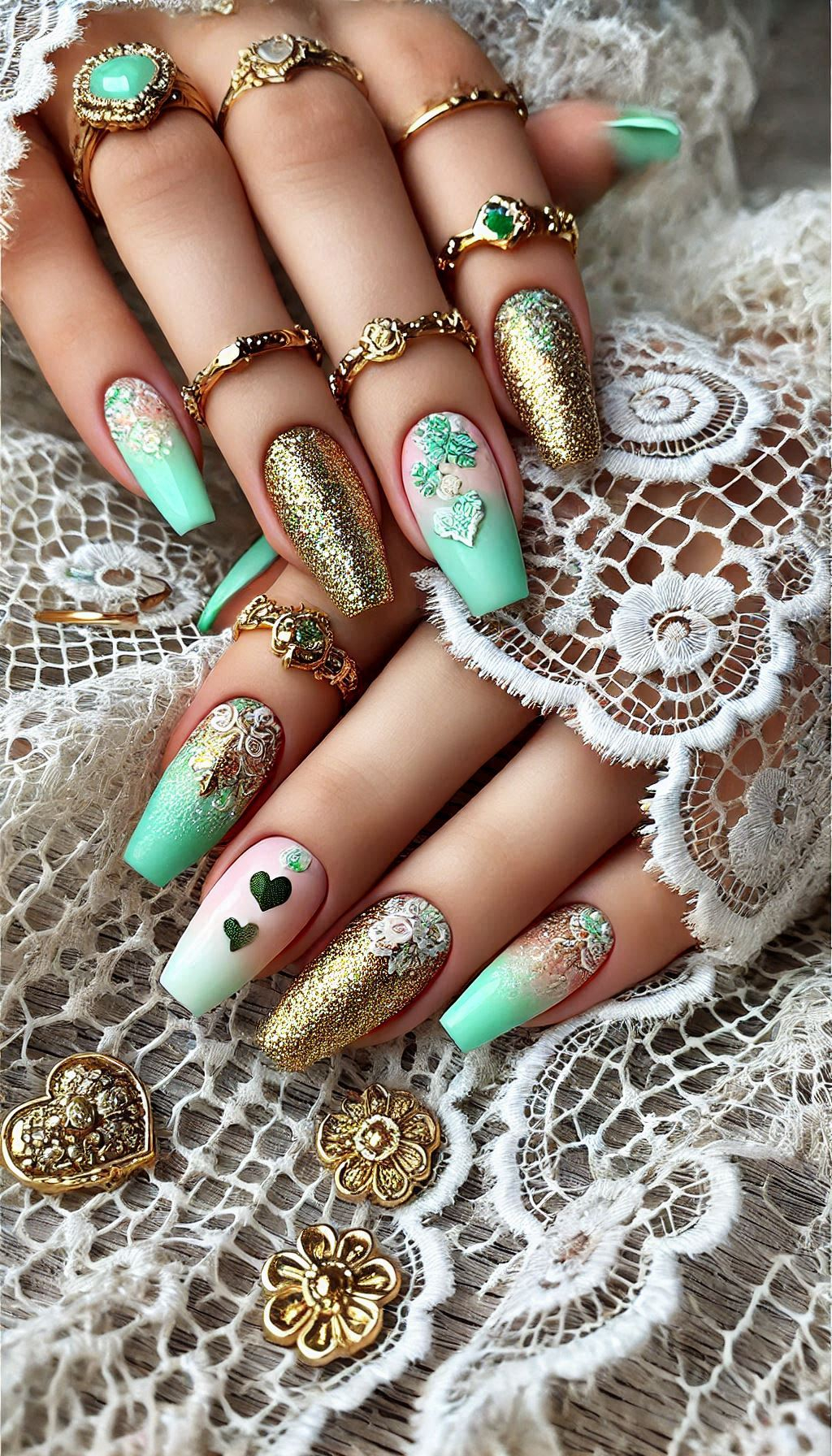 Mesmerizing Glitter Nail Art Ideas to Turn Heads | Pocoko Mint, light pink, and golden glitter nails bring a touch of elegance and fun to your manicure. Sparkle on!