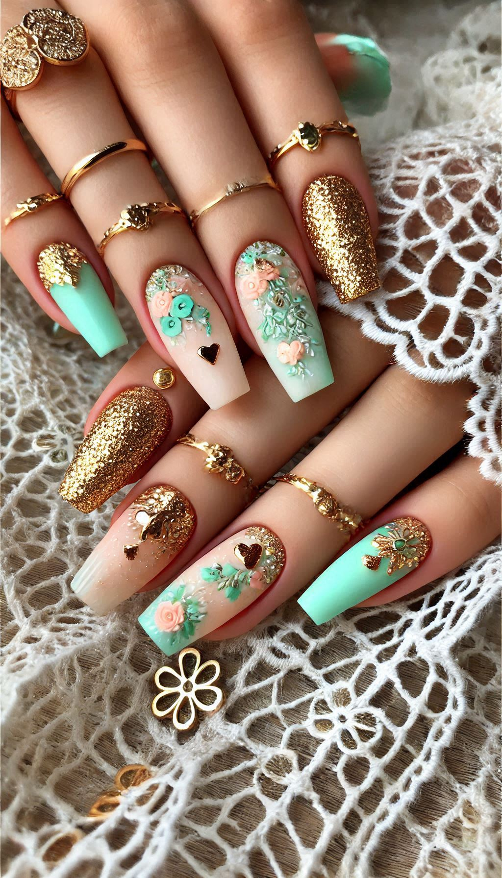 Mesmerizing Glitter Nail Art Ideas to Turn Heads | Pocoko Freshen up your nails with a mix of mint, light pink, and golden glitter. It's the perfect blend of sweet and sparkly!