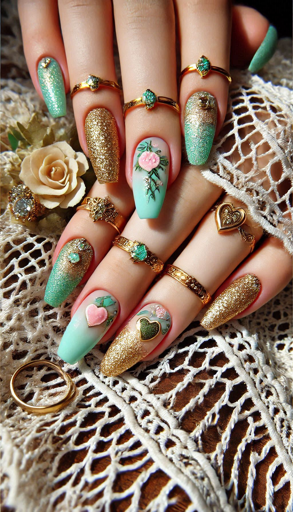 Mesmerizing Glitter Nail Art Ideas to Turn Heads | Pocoko Add a touch of elegance to your nails with mint, light pink, and golden glitter. A chic combo that’s sure to dazzle!