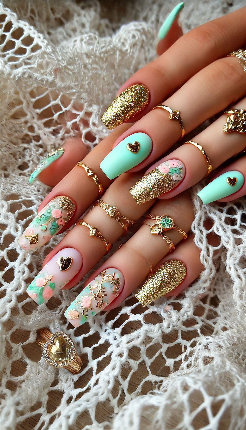 Mesmerizing Glitter Nail Art Ideas to Turn Heads | Pocoko Mint, light pink, and golden glitter nails bring a soft, whimsical touch to your manicure. Perfect for a dreamy look!