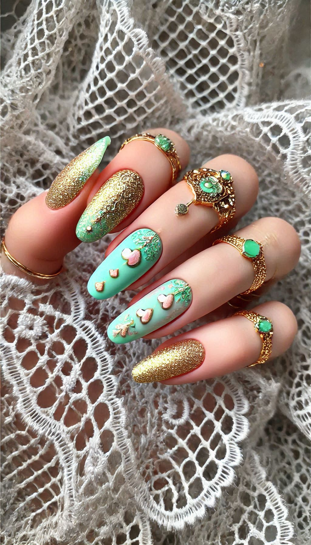 Mesmerizing Glitter Nail Art Ideas to Turn Heads | Pocoko Elevate your nail game with mint, light pink, and golden glitter. This trio is perfect for a fresh and glamorous manicure!