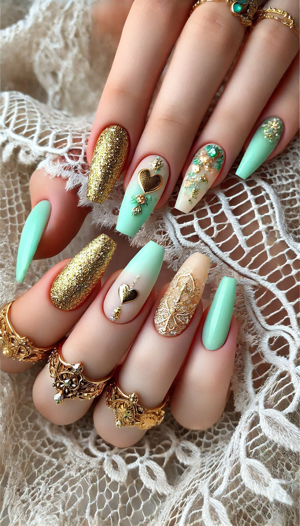 Mesmerizing Glitter Nail Art Ideas to Turn Heads | Pocoko Turn your nails into a pastel paradise with mint, light pink, and golden glitter. Sweet, chic, and oh-so-pretty!