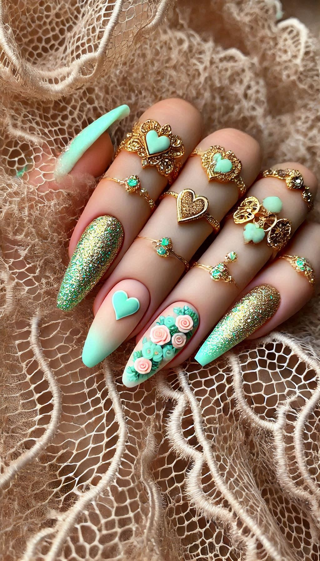Mesmerizing Glitter Nail Art Ideas to Turn Heads | Pocoko Mix mint, light pink, and golden glitter for a manicure that’s both playful and elegant. A stunning combo that pops!