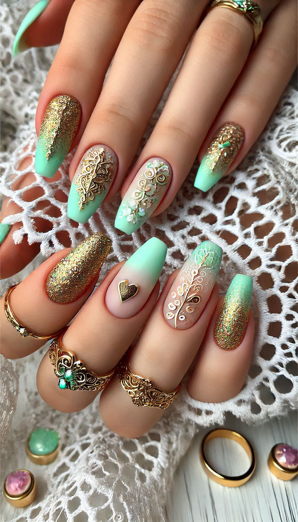 Mesmerizing Glitter Nail Art Ideas to Turn Heads | Pocoko Nail your next look with mint, light pink, and golden glitter. It’s a sweet and sparkly combination that shines!