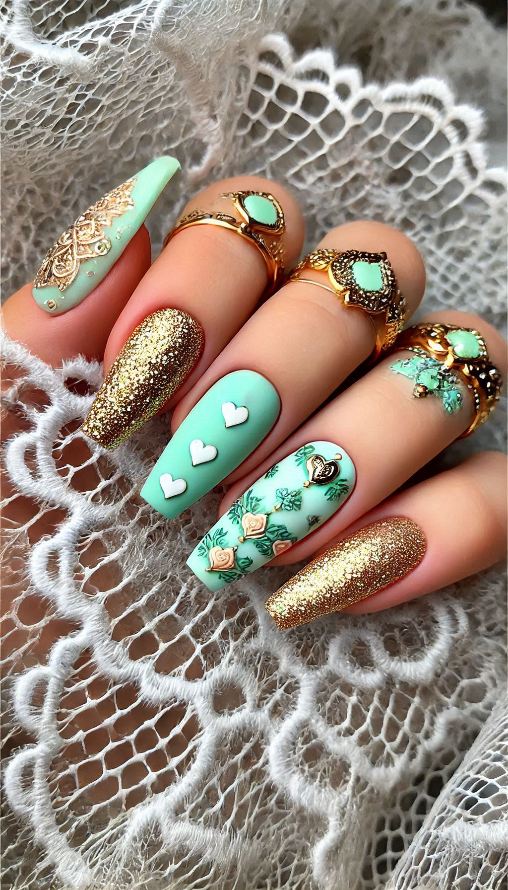 Mesmerizing Glitter Nail Art Ideas to Turn Heads | Pocoko Mint, light pink, and golden glitter nails bring a soft, whimsical touch to your manicure. Perfect for a dreamy look!
