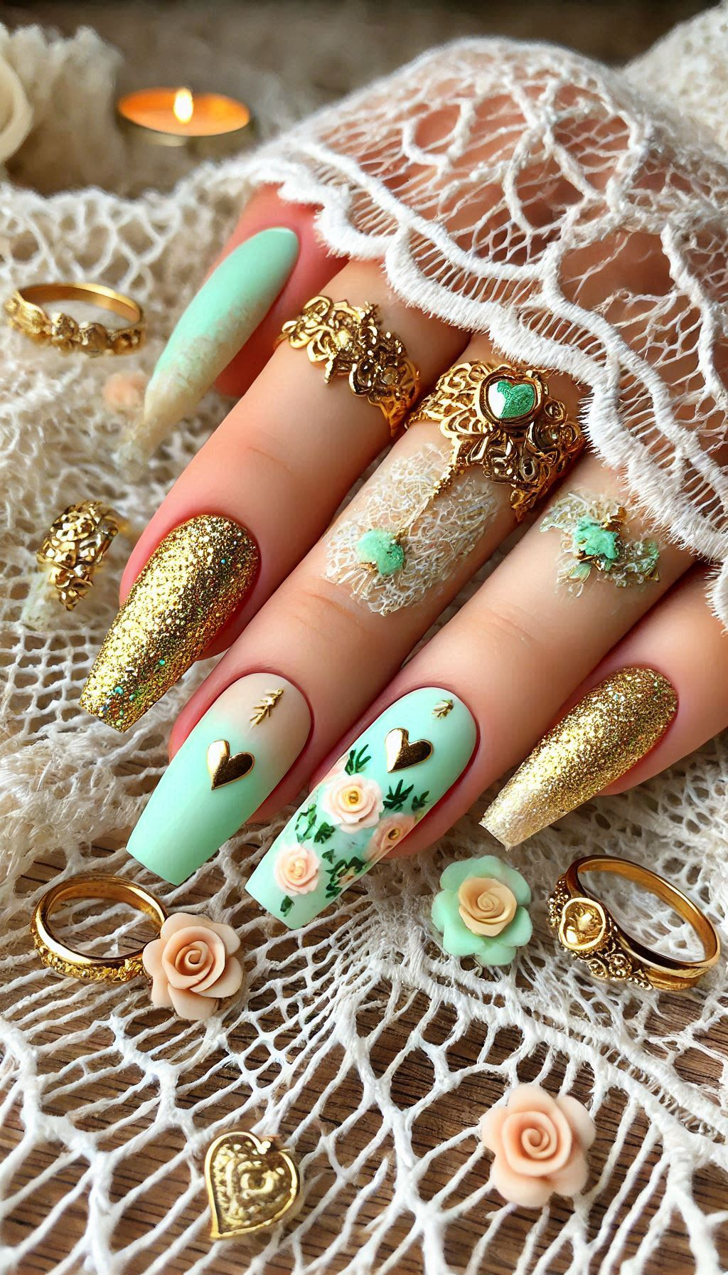 Mesmerizing Glitter Nail Art Ideas to Turn Heads | Pocoko Mint, light pink, and golden glitter nails are perfect for adding a touch of glam to your everyday style. Fresh and fabulous!