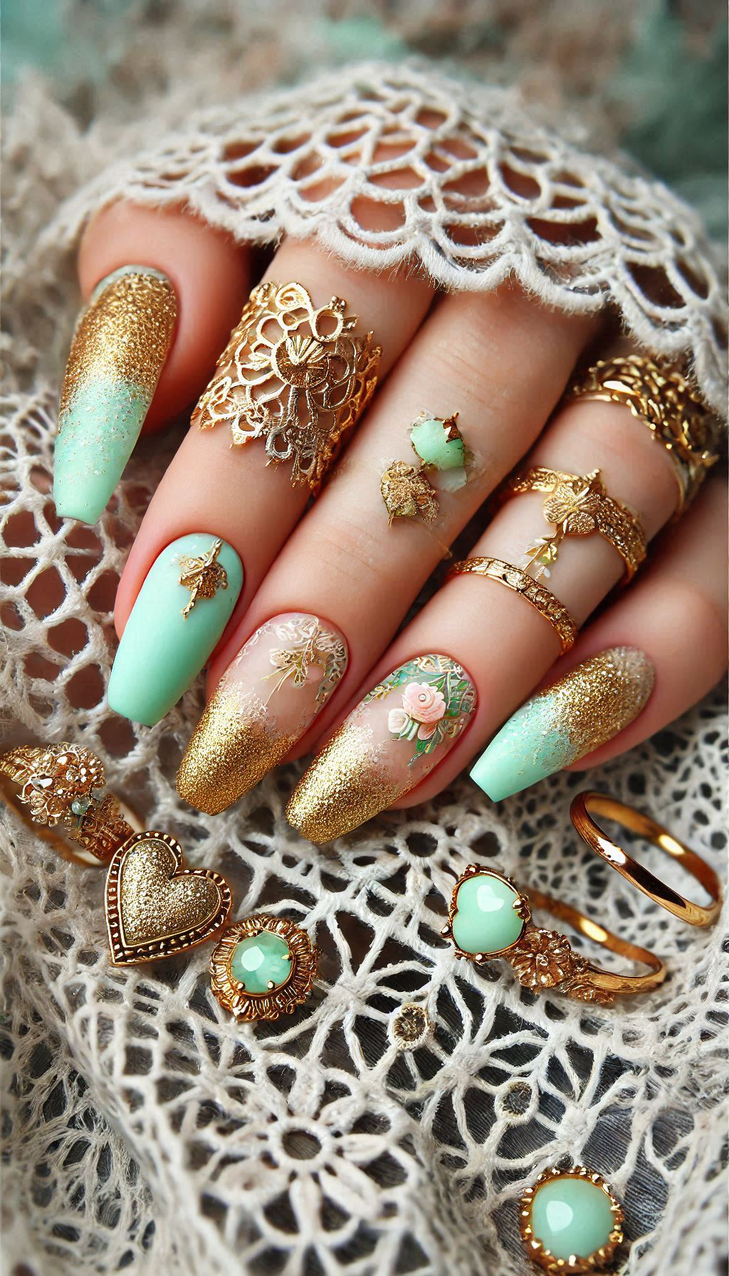 Mesmerizing Glitter Nail Art Ideas to Turn Heads | Pocoko Sparkle and shine with mint, light pink, and golden glitter nails. A delightful mix that’s sure to impress!