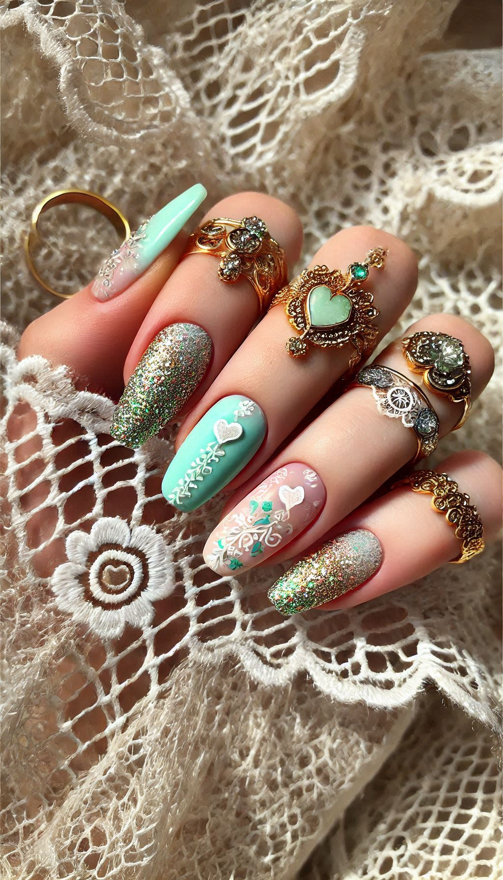 Mesmerizing Glitter Nail Art Ideas to Turn Heads | Pocoko Get ready to dazzle with mint, light pink, and golden glitter nails. A chic and playful look for any occasion!