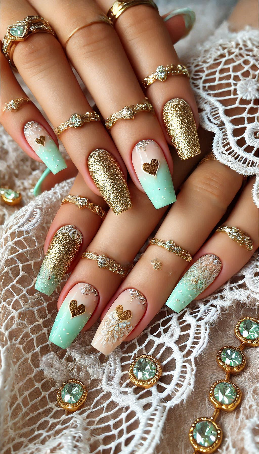 Mesmerizing Glitter Nail Art Ideas to Turn Heads | Pocoko Elevate your nail game with mint, light pink, and golden glitter. This trio is perfect for a fresh and glamorous manicure!
