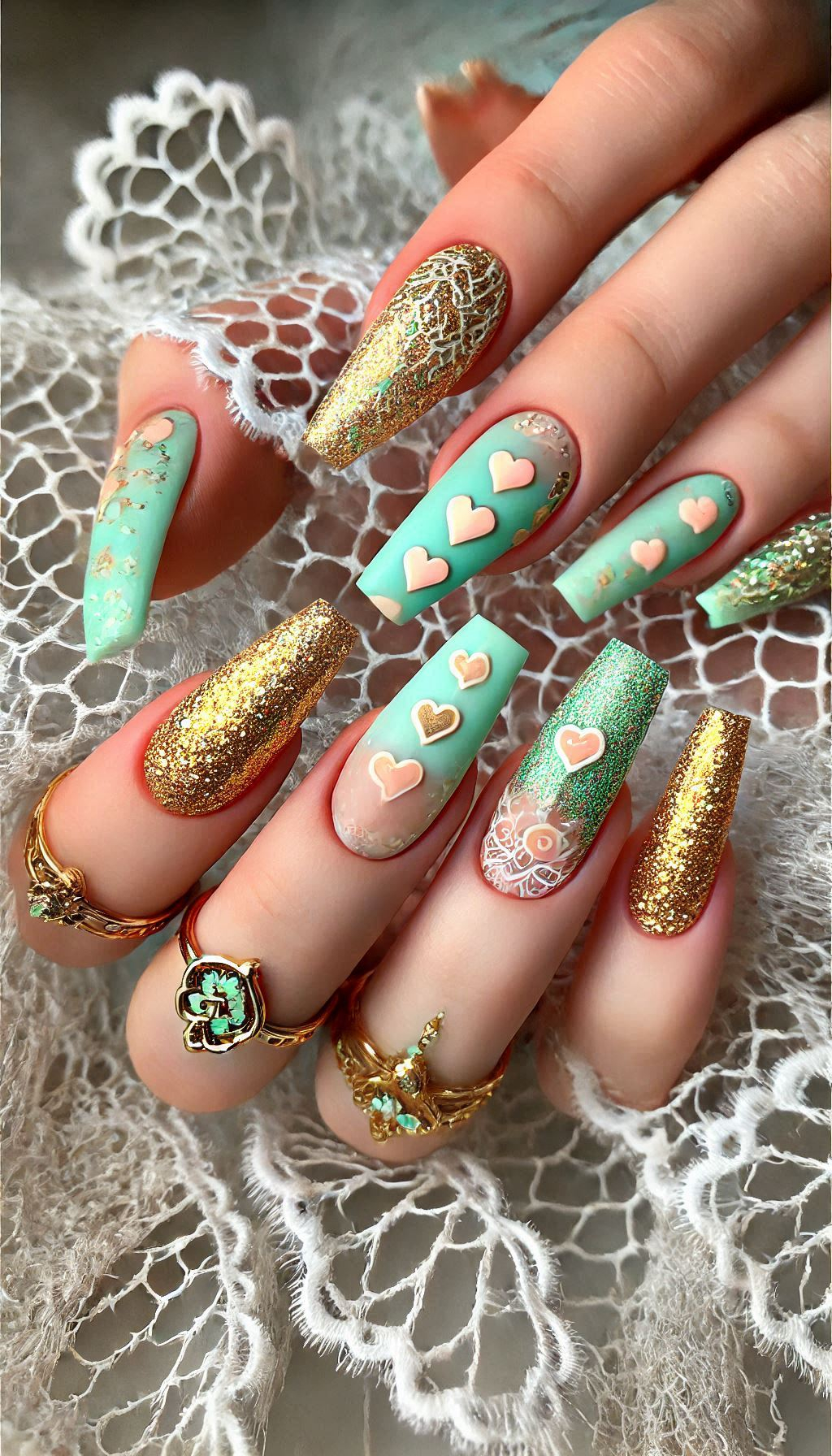 Mesmerizing Glitter Nail Art Ideas to Turn Heads | Pocoko Turn your nails into a pastel paradise with mint, light pink, and golden glitter. Sweet, chic, and oh-so-pretty!
