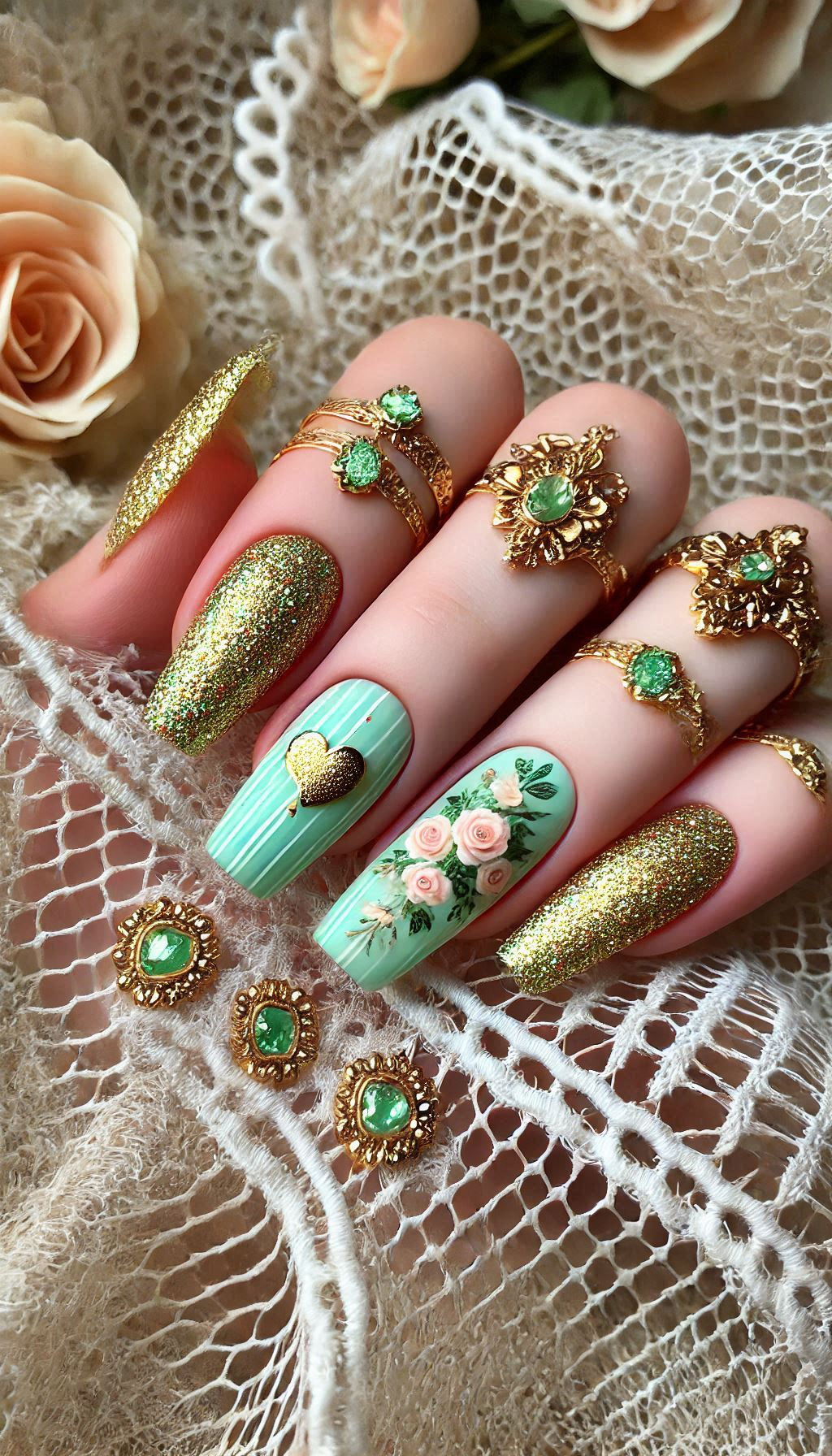Mesmerizing Glitter Nail Art Ideas to Turn Heads | Pocoko Mix mint, light pink, and golden glitter for a manicure that’s both playful and elegant. A stunning combo that pops!