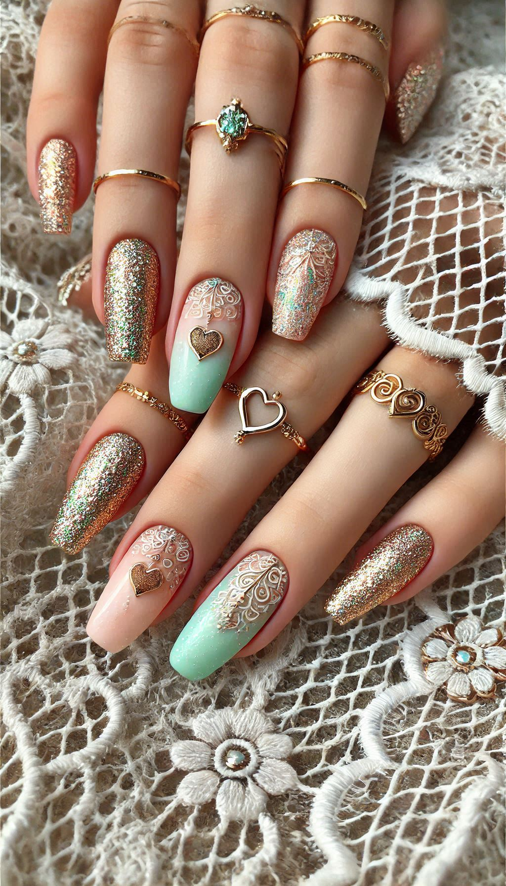 Mesmerizing Glitter Nail Art Ideas to Turn Heads | Pocoko Nail your next look with mint, light pink, and golden glitter. It’s a sweet and sparkly combination that shines!