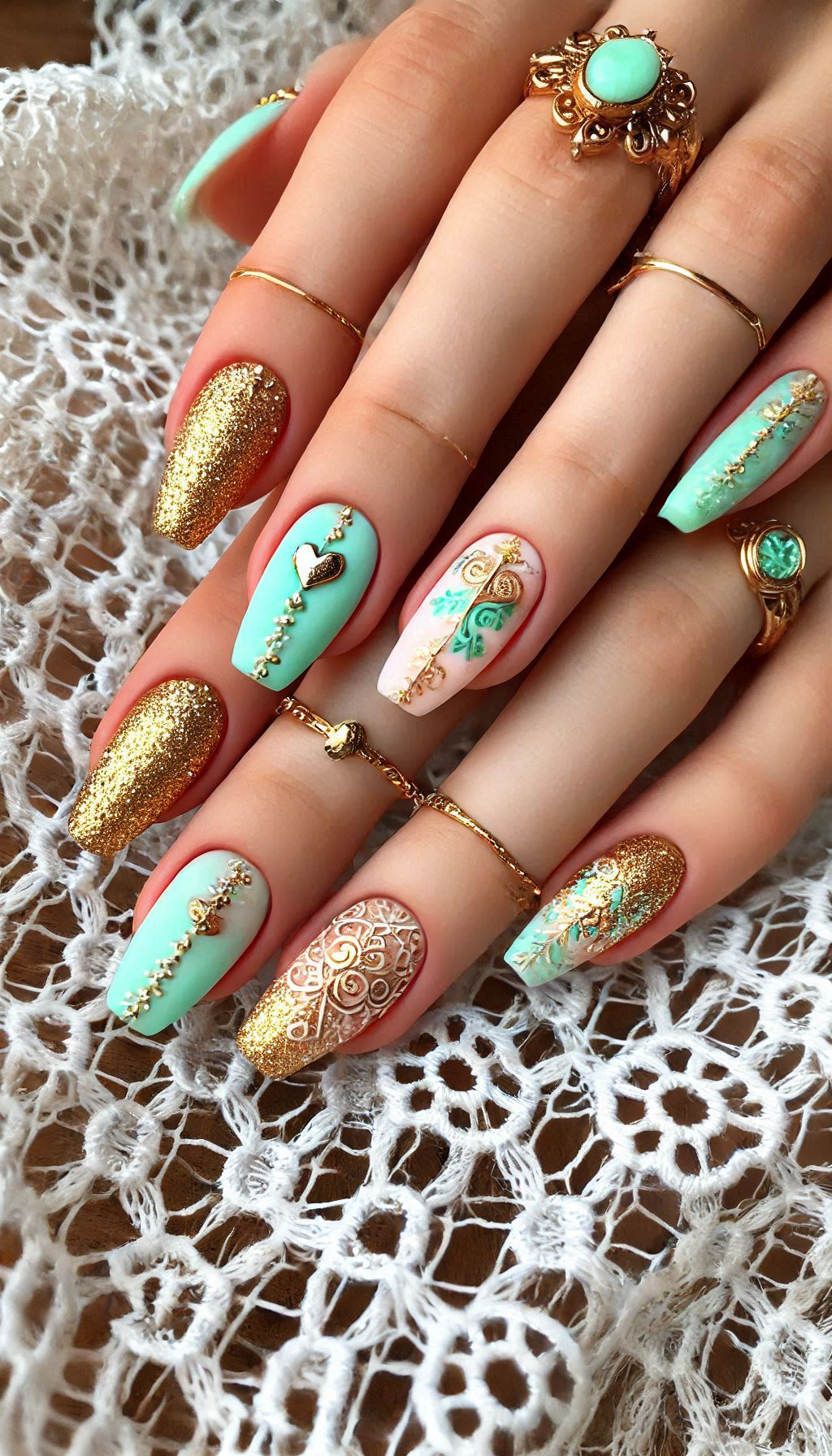 Mesmerizing Glitter Nail Art Ideas to Turn Heads | Pocoko Mint, light pink, and golden glitter nails are perfect for adding a touch of glam to your everyday style. Fresh and fabulous!