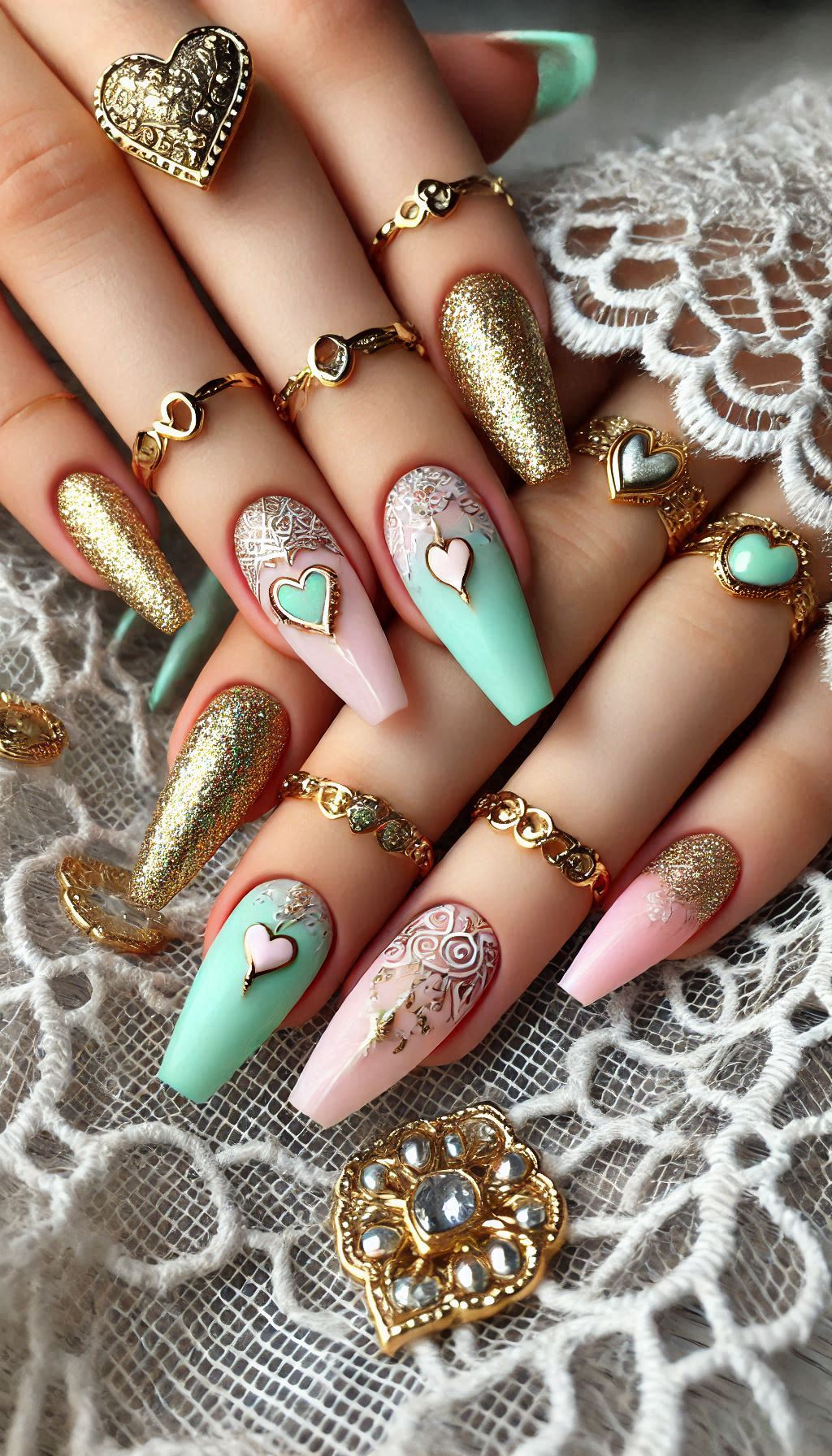 Mesmerizing Glitter Nail Art Ideas to Turn Heads | Pocoko Sparkle and shine with mint, light pink, and golden glitter nails. A delightful mix that’s sure to impress!