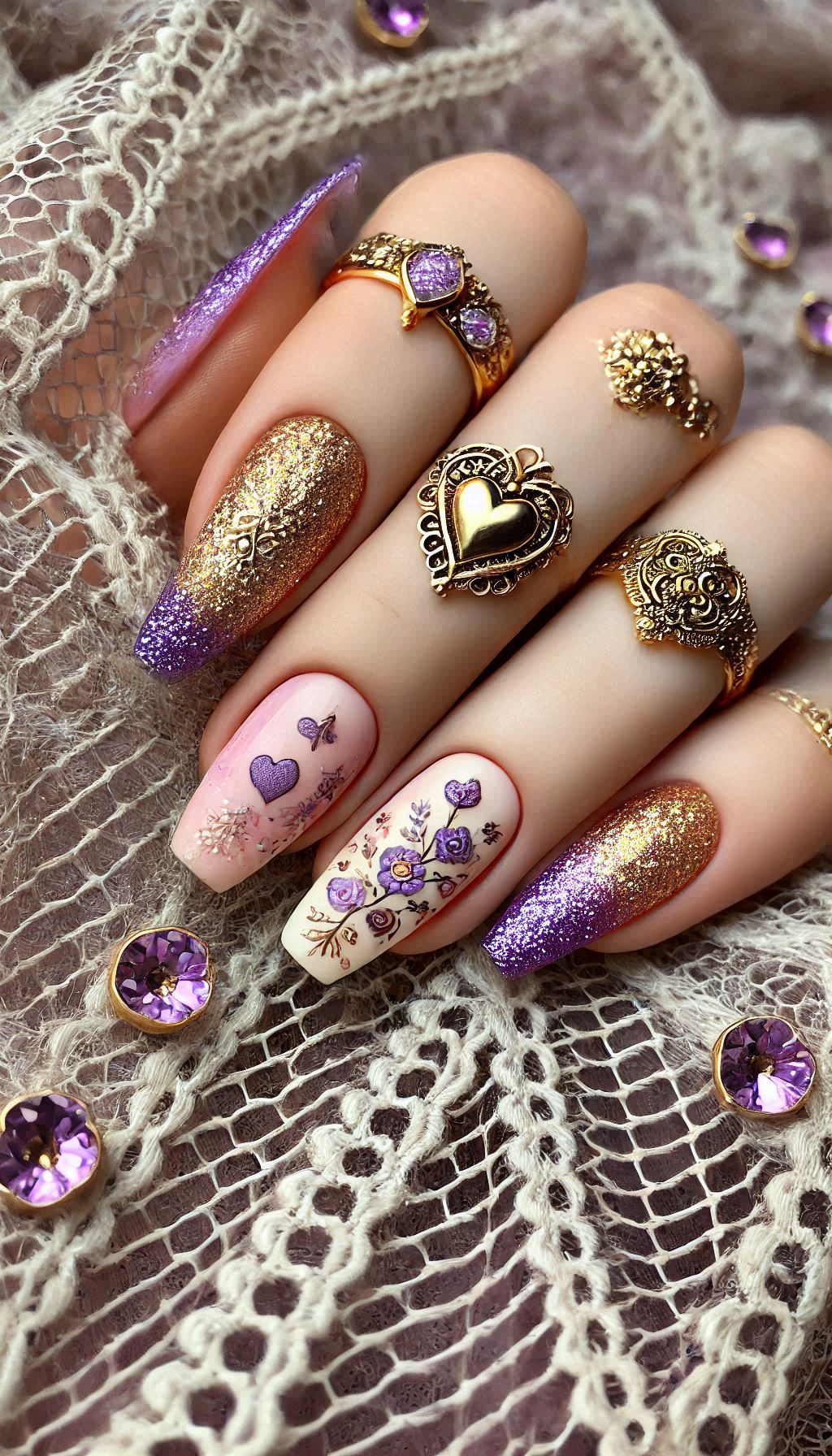 Mesmerizing Glitter Nail Art Ideas to Turn Heads | Pocoko Get the best of all worlds with purple, pink, and red ombre nails topped with golden glitter. It’s a dazzling and bold choice!